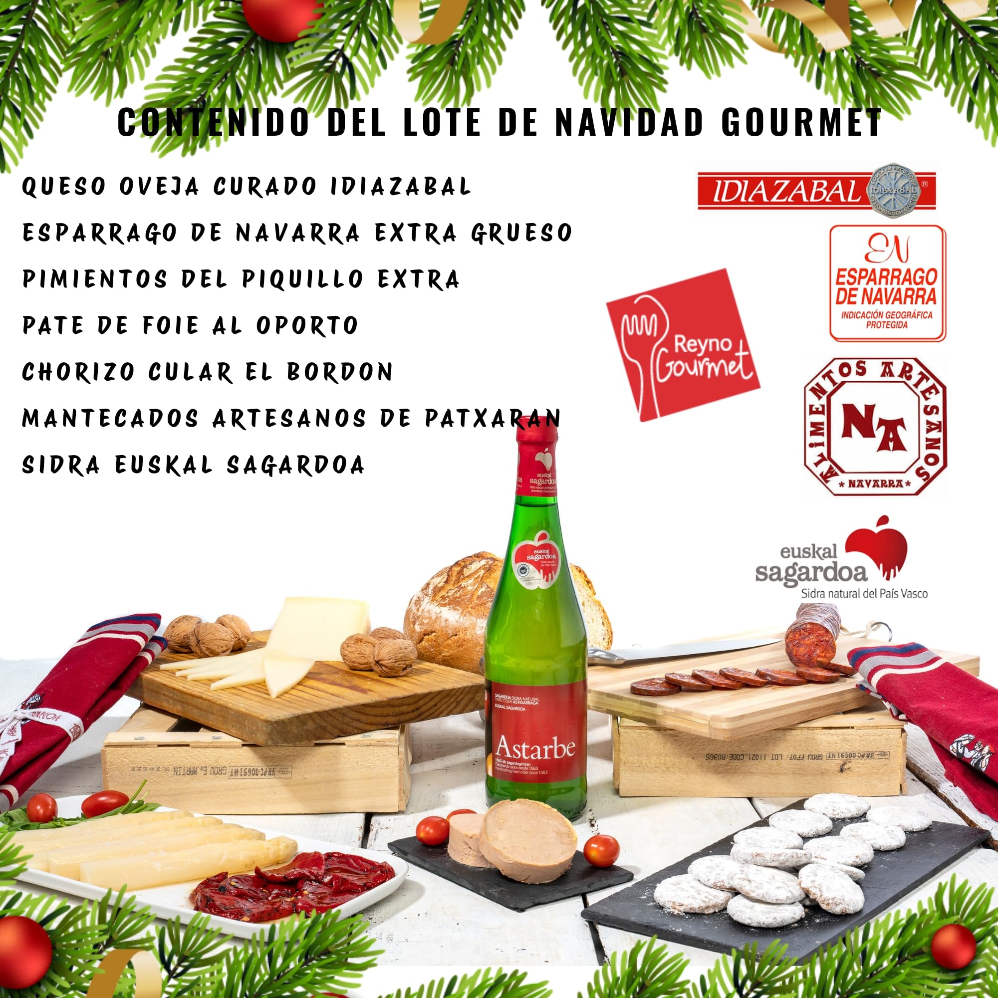 THE BASQUE Gourmet Set Regalo Natalizio - Cesto per Natale con Formaggio, Asparagi, Peperoni Piquillo, Paté di Fegato, Chorizo, mantecado, Sidro naturale - Regalo Di Lusso- Lotto 2