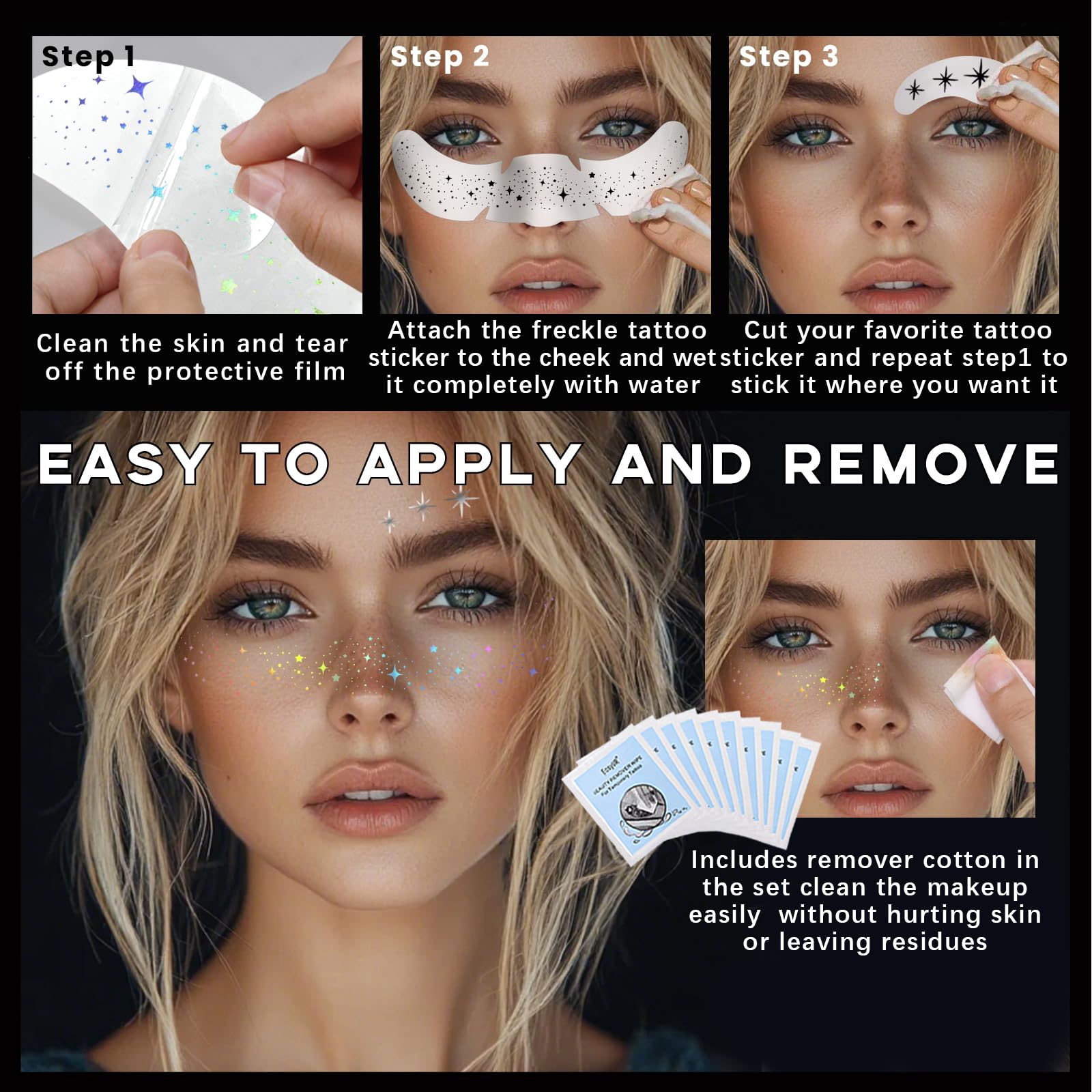 Noerrors 20PCS Glitter Freckles Face Tattoo, Multichrome Holographic Silver Sparkle Faux Freckles Face Glitter Patches - Image 4