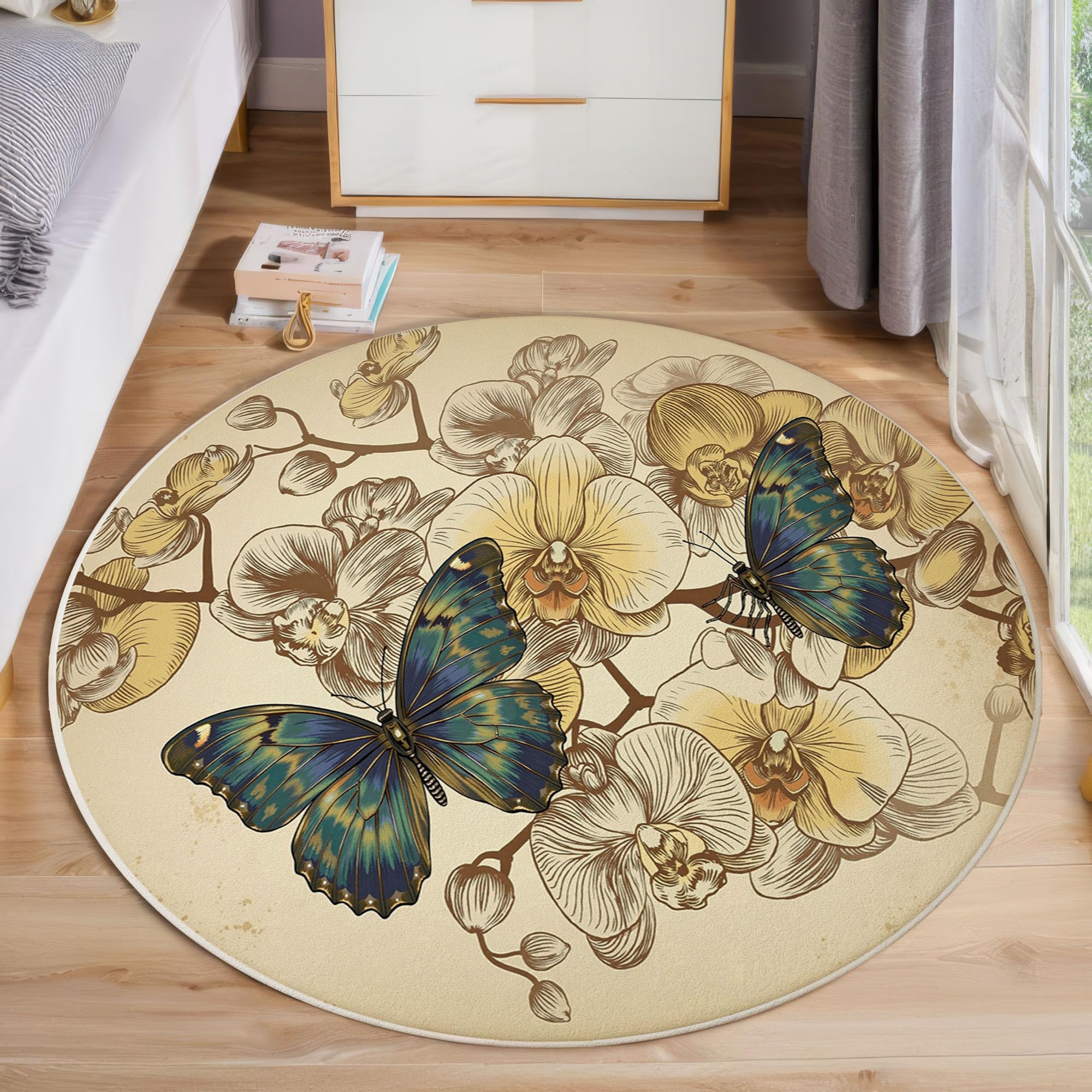 Tapis rond poil bas rétro orchidée pour salon et couloir cosy