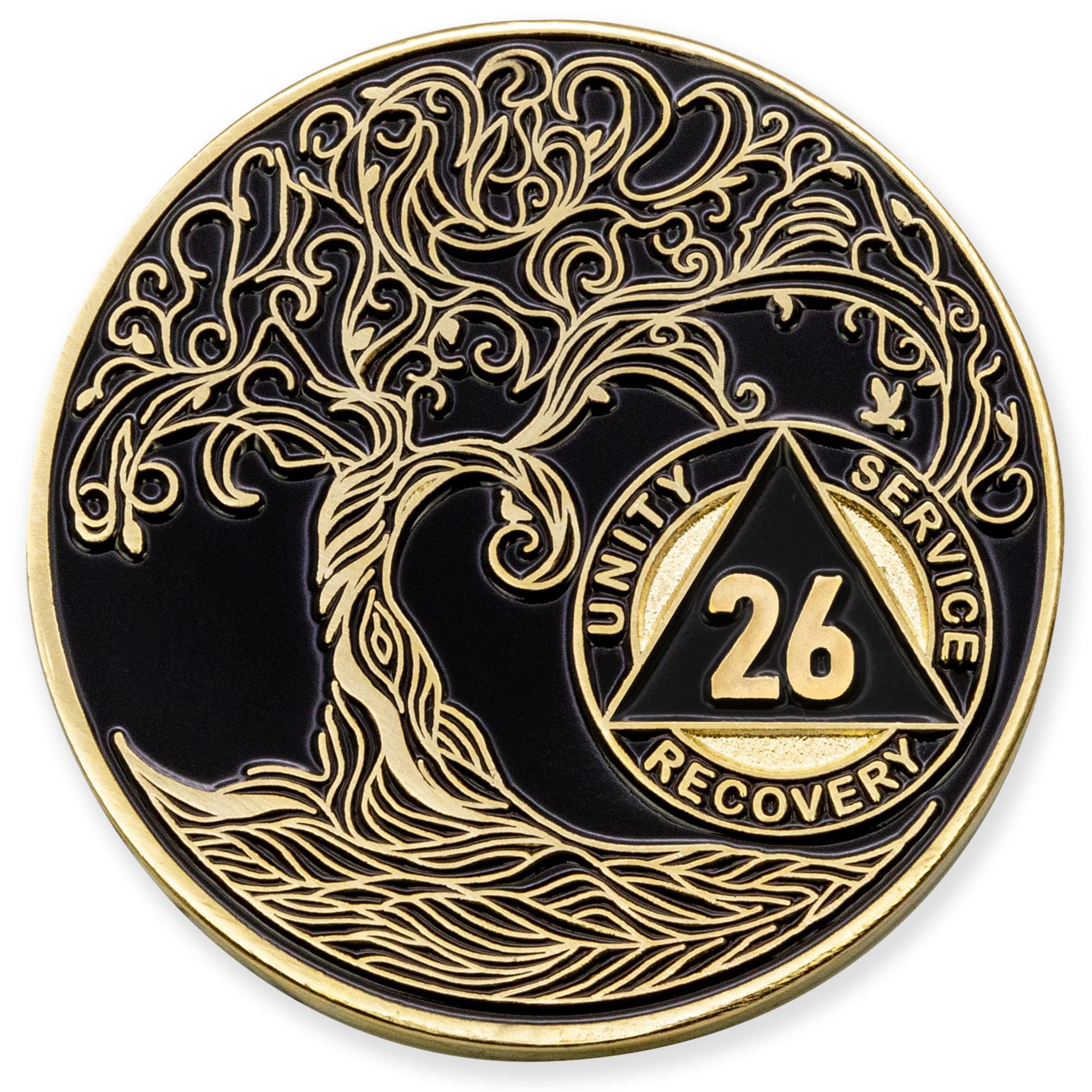 1 to 50 Year Twisted Tree of Life Sobriety Coin - Gold Plated AA Chips &amp; Medallions - 26 Year Sobriety Coin - Black