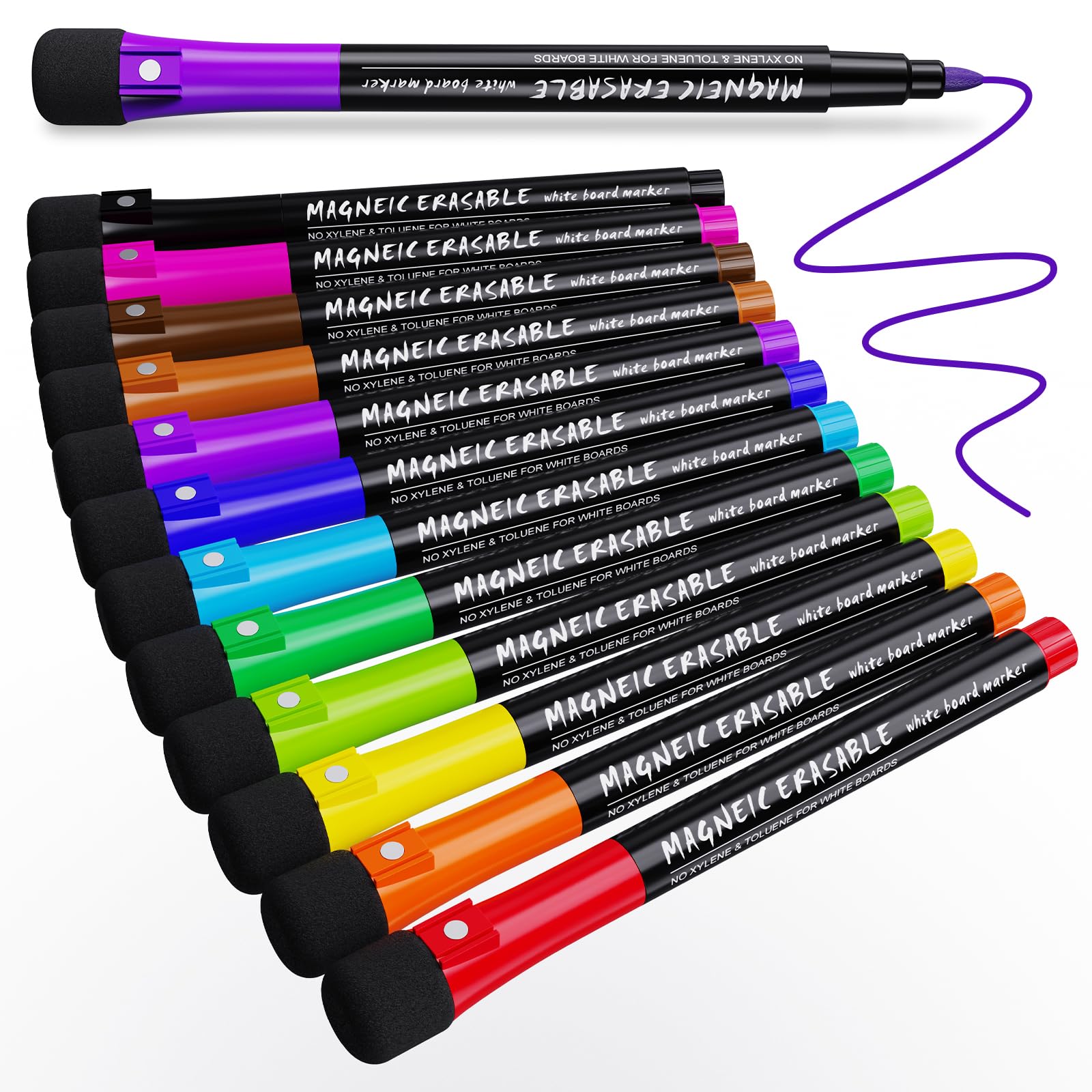 JR.WHITE Magnetic Dry Erase Markers Fine Point Tip,12 Colors White Board Markers Dry Erase Marker With Eraser Cap,Low Odor Whiteboard Markers Thin Dry Erase Markers For Kids Teachers Office School-image-7