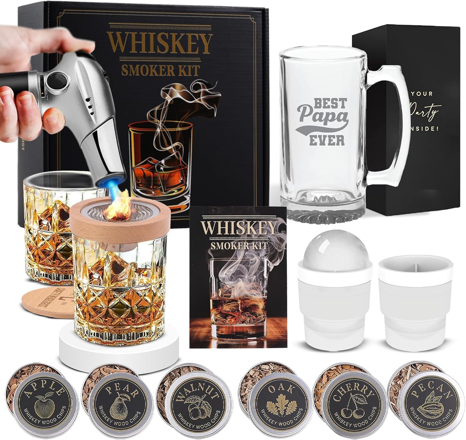 Whiskey Smoker Kit With Torch And Best Papa Ever 16oz Beer Mug – Unique Dad Gifts with Torch, Wood Chips & Glasses – Cool Papa Gifts & Fathers Day Drink Set – Gifts for Dad from Kids