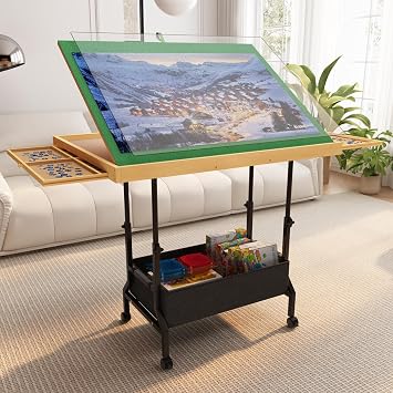 4-in-1 Adjustable & Tilting & Rolling & Storage Puzzle Table with 2 Large Drawers, 1500 Piece Puzzle Board with Legs, Cover, Fabric Drawer- 34" x 26" Puzzle Table for Adults & Enthusiasts