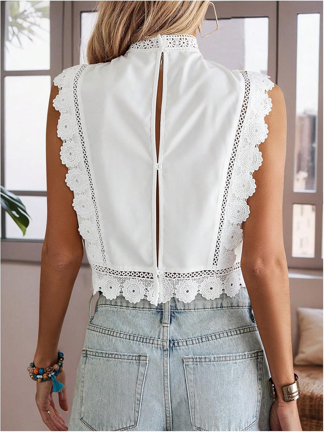 Floerns Women's Floral Embroidery Lace Trim Blouse Mock Neck Sleeveless Holiday Crop Tops - Image 2