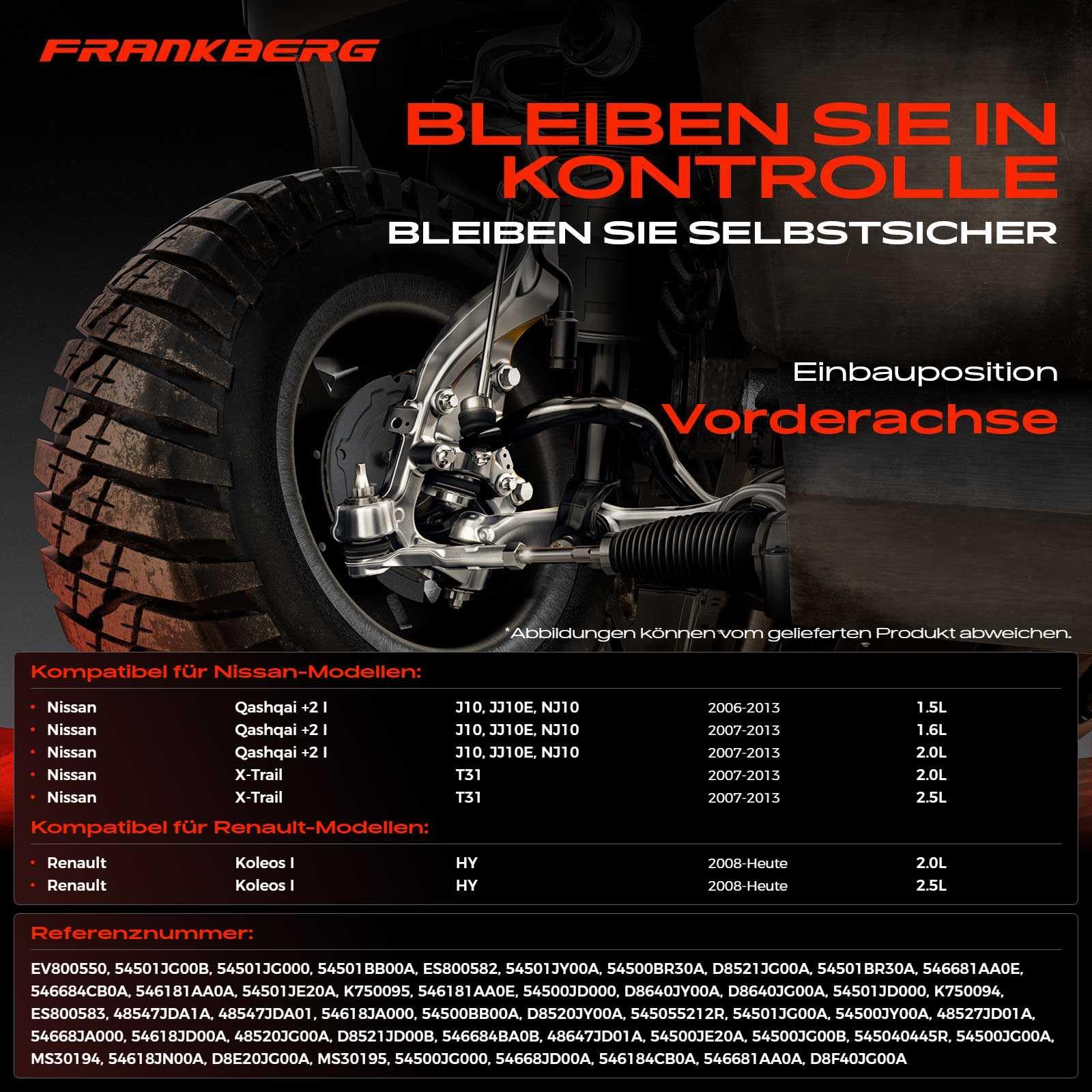 Frankberg 8 x zestaw wahaczy przednich, kompatybilny z Qashqai + 2 I J10 JJ10E NJ10 1,5L-2,0 l 2007-2013 X-Trail T31 2,0 l 2,5 l 2007-2013 KolE.O.S I HY Replace # 545011 JJG00A, 54500JD000