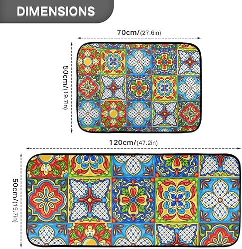 Miniatura 3 de Emelivor Juego de 2 alfombras y tapetes de cocina mexicanos Talavera, antideslizantes, lavables, juego de 2 para cocina, hogar, fregadero, oficina