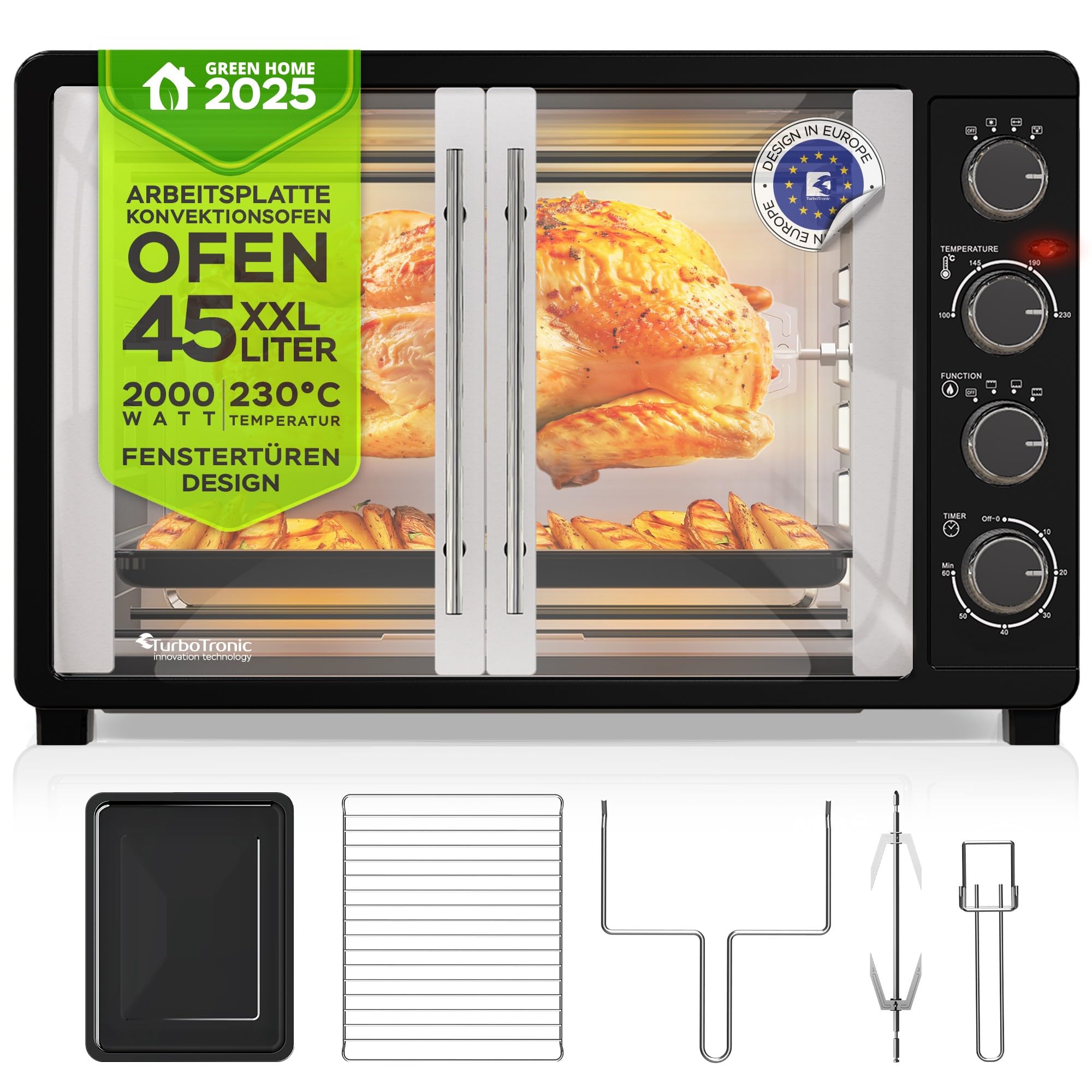 Produktbild von TurboTronic Mini-Backofen Mit Doppelverglasung, Elektrischer Grillofen, Pizza-Ofen Mit