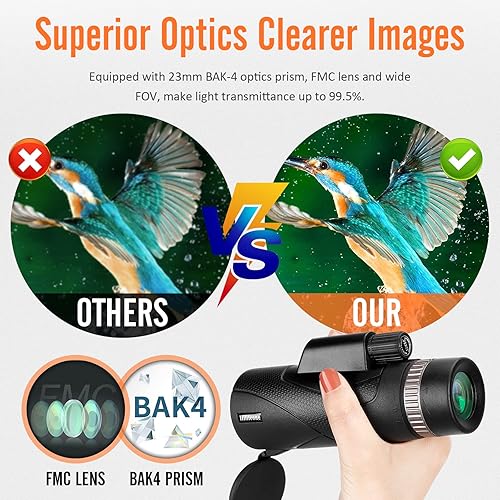 Miniatura 3 de RIWELF Telescopio monocular de 12 x 55, monocular para adultos de alta potencia con lente BAK4 Prism FMC con adaptador para teléfono inteligente y