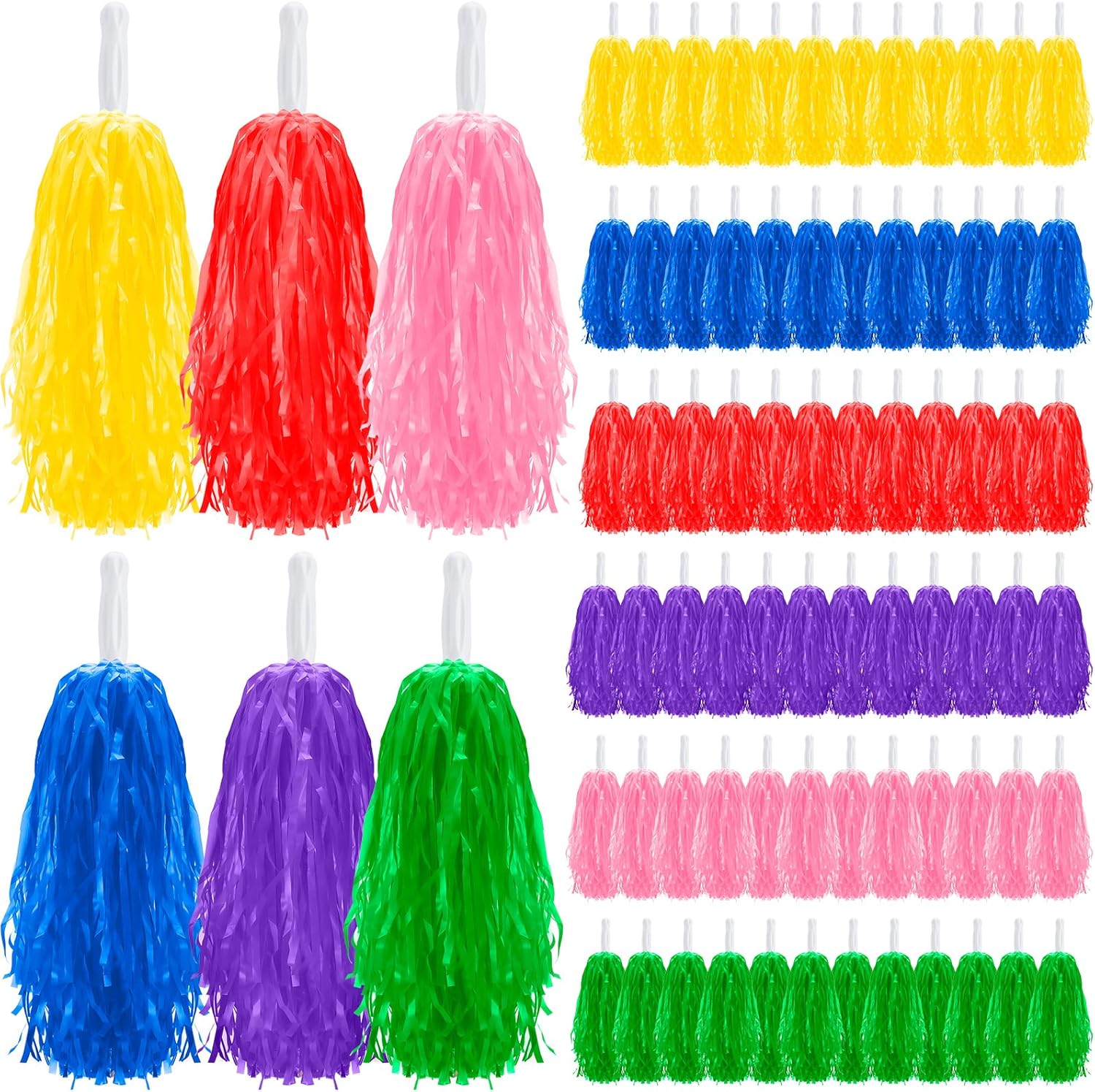 Yunsailing 72 Pcs Plastic Cheer Pompoms Sports Dance Cheerleader Pom Poms with Handles Squad Team Spirited Sports Party Dance Cheering Decorations for Adults Cheerleading (Colorful)