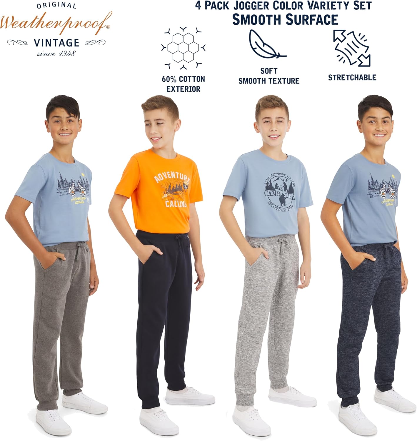 Weatherproof Vintage Boys' 4 Pack Variety Midweight Super Soft Fleece Lined Stretchable Jogger Pants