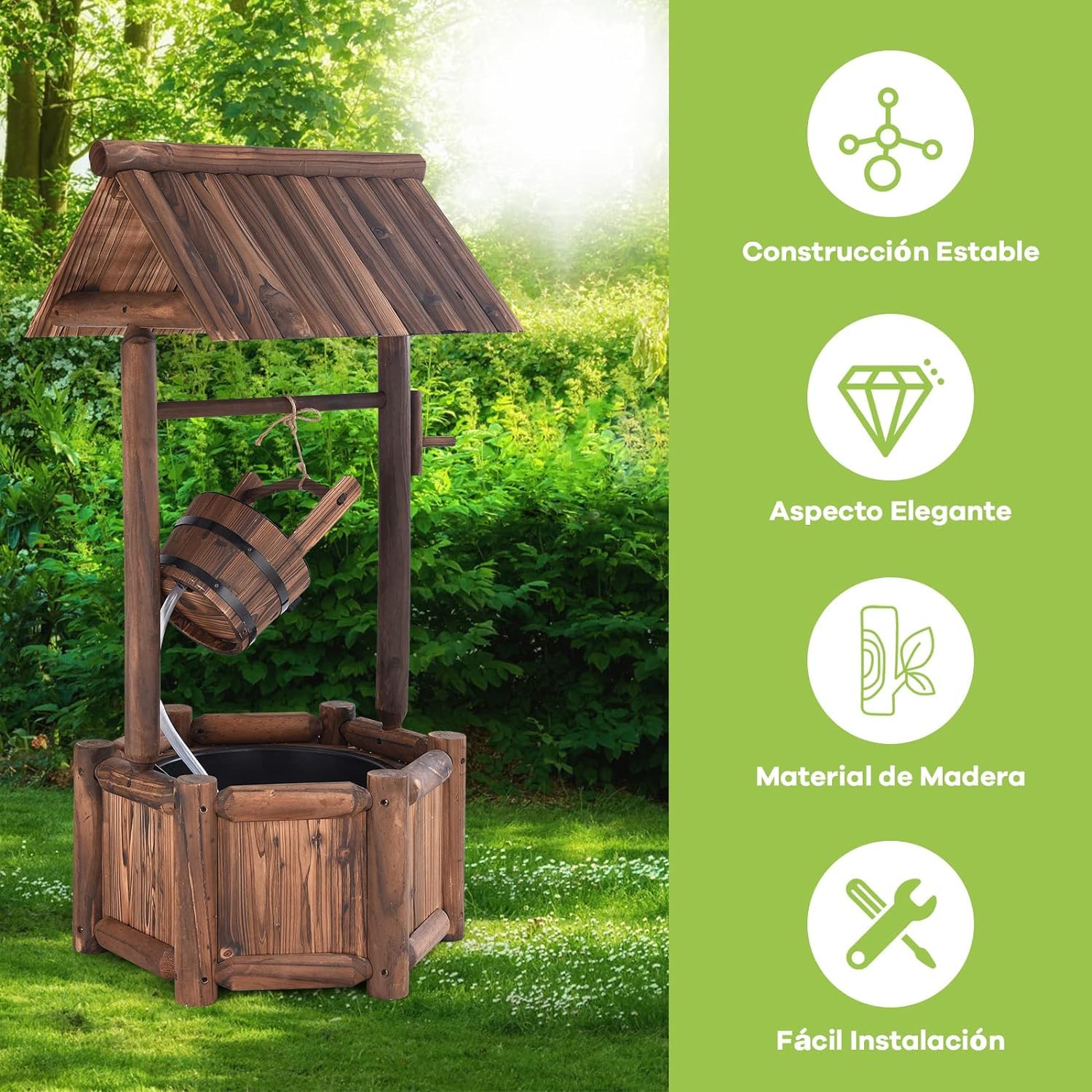GOPLUS Fuente Jardín Exterior de Madera de Abeto, Pozo Decorativo de Deseos, con Bomba Eléctrica, para Jardín Patio, 58,5×56×117cm, Marrón Rústico