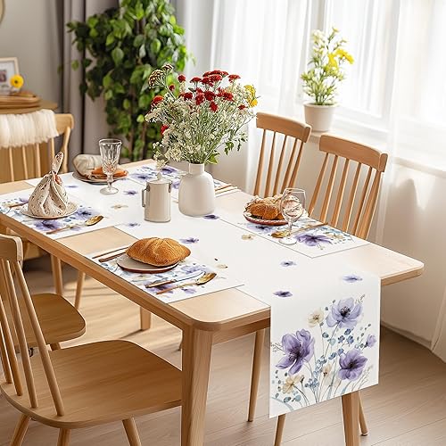 Miniatura 5 de Bonhause Juego de 4 manteles individuales florales de acuarela de 12 x 18 pulgadas, color lila, morado, marrón, hojas de flores, manteles