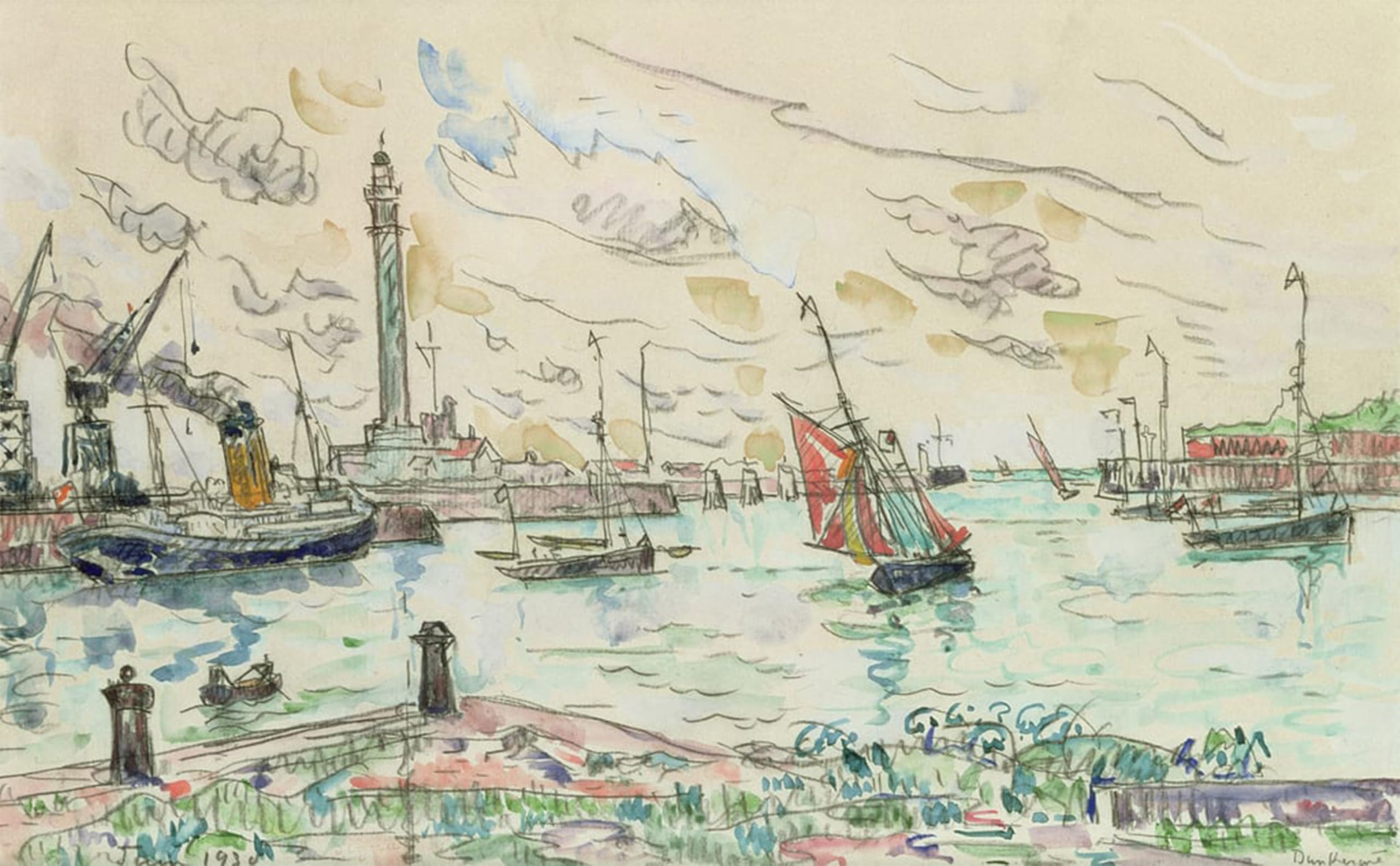 POSTERIIk Famous Modern Artwork Art Mural Dunkirk by Paul Signac Oil Paintings Pictures for Home Decor 60x90cm
