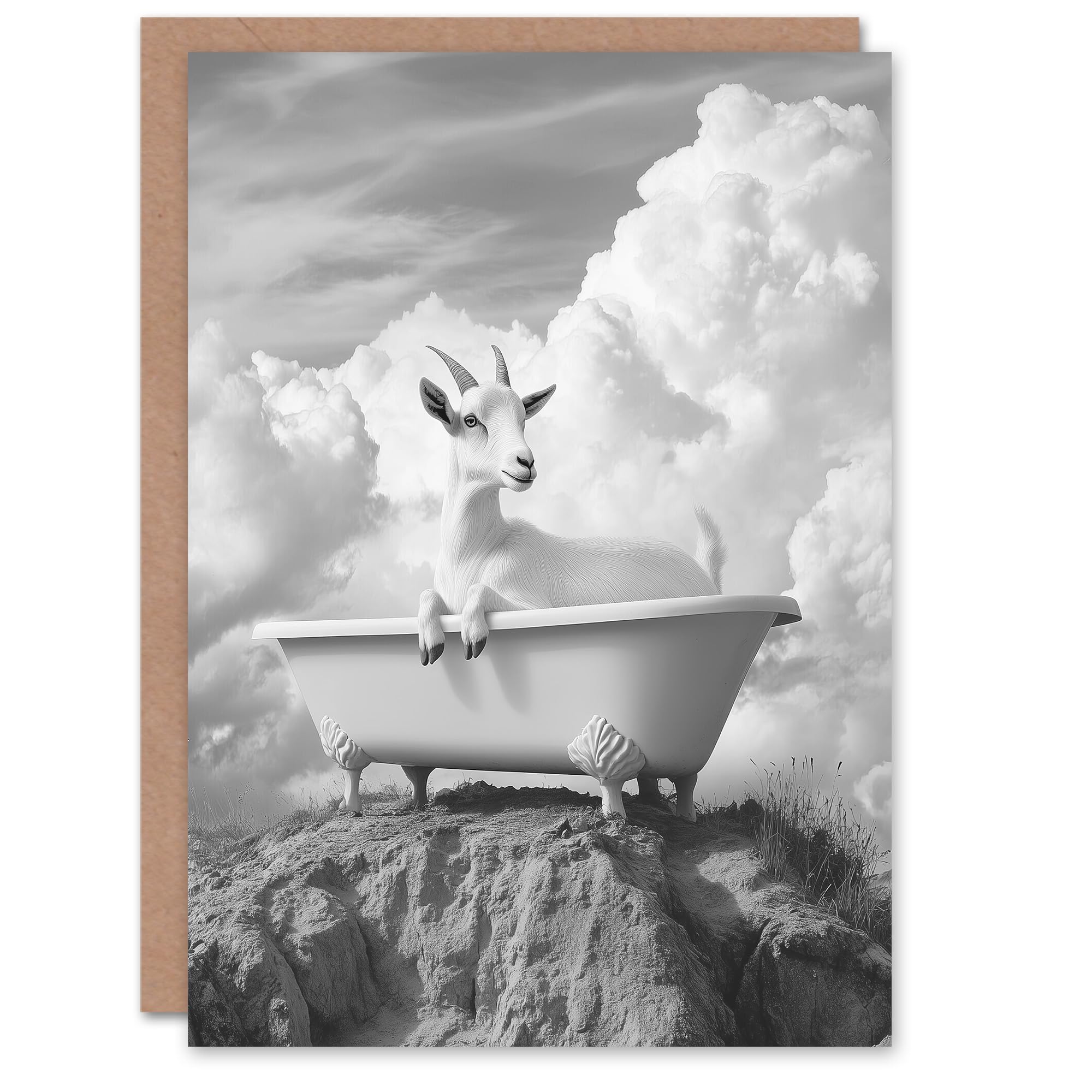 Artery8 Greeting Card Goat in a Bathtub on a Hill Black White Surreal Blank For Him Or Her Art Birthday Card