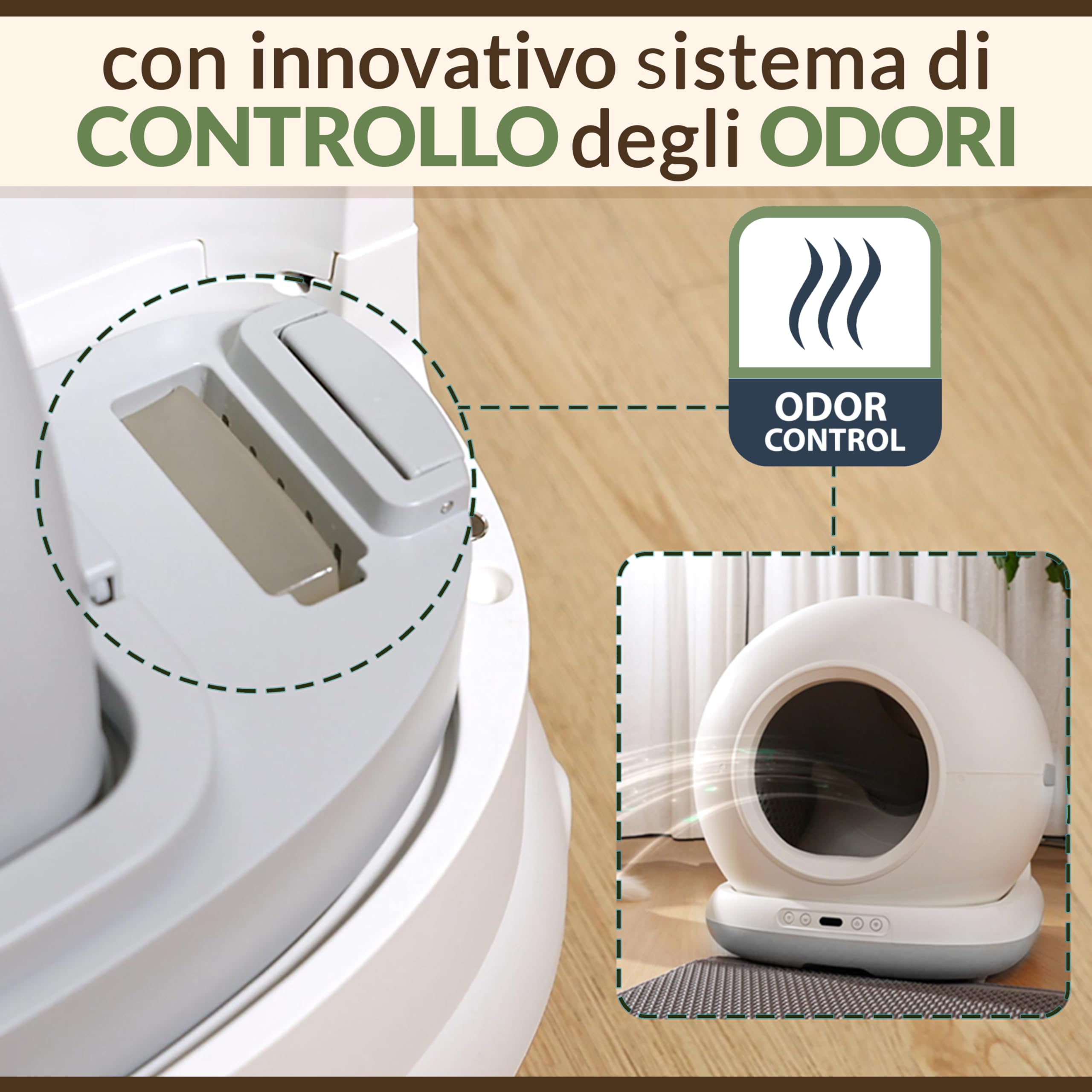 Lettiera Gatto Autopulente Automatica, Antiodore, Capacità Massima 72L con Monitoraggio App e Deodorante Sostituibile per un Ambiente Fresco e Privo di Odori.