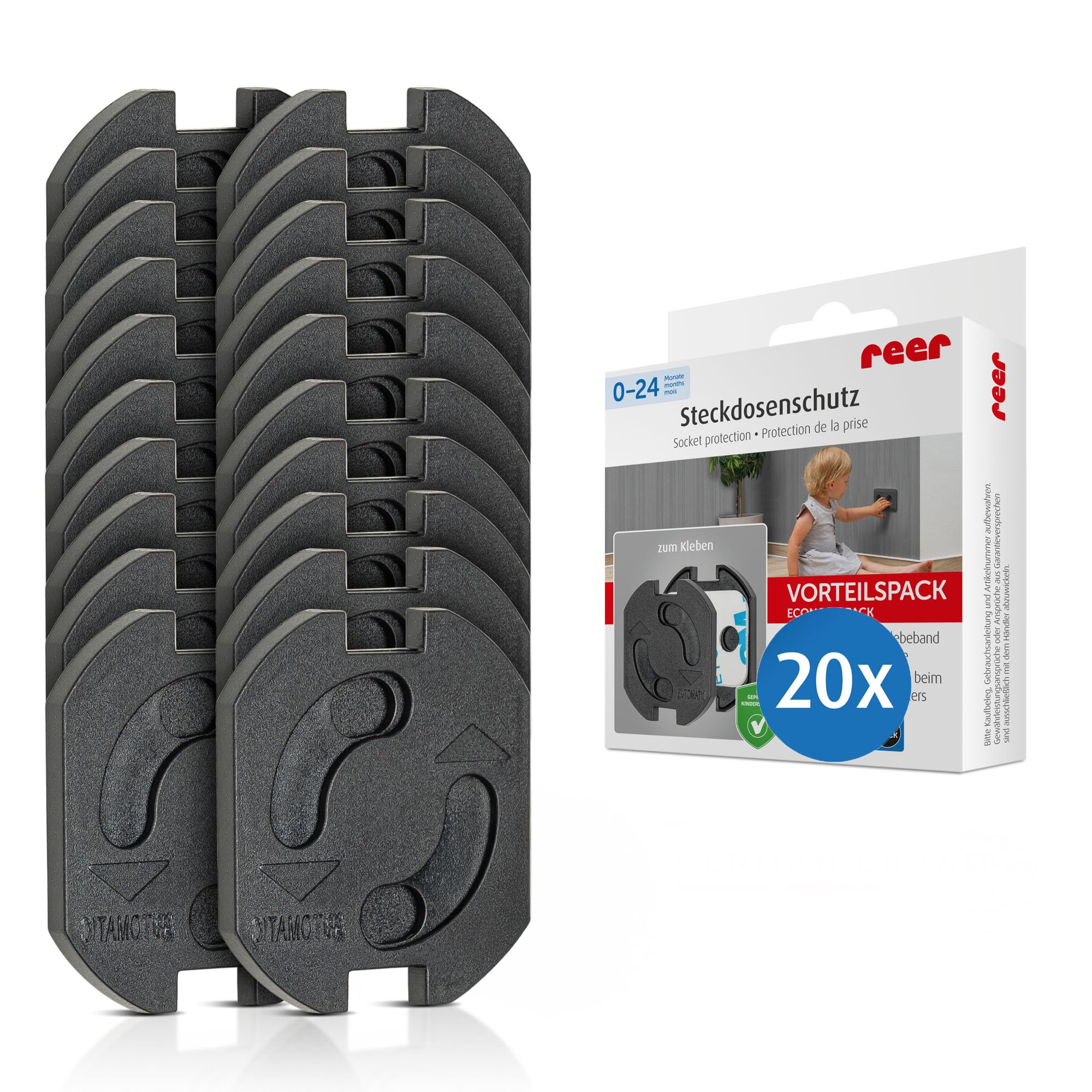reer Steckdosenschutz - das kindersichere Original vom Erfinder, zum Kleben, schwarz, 20 Stück