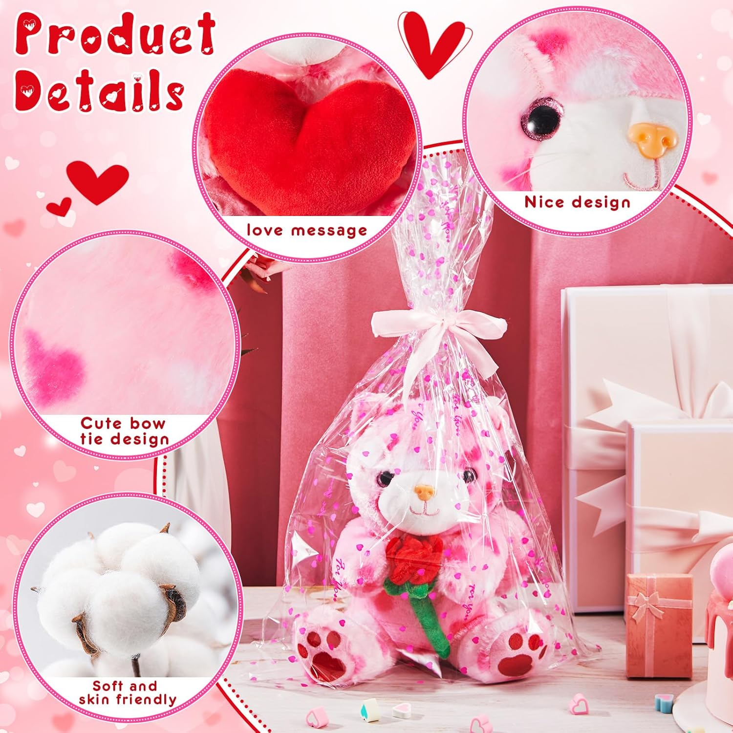 Shappy 2 Sets Large Valentine Stuffed Animals for Kids Valentines Day Plush Toys with Heart and Rose,Cute Soft Stuffed Animal Toys Classroom Supplies Exchange Gifts(Cat)