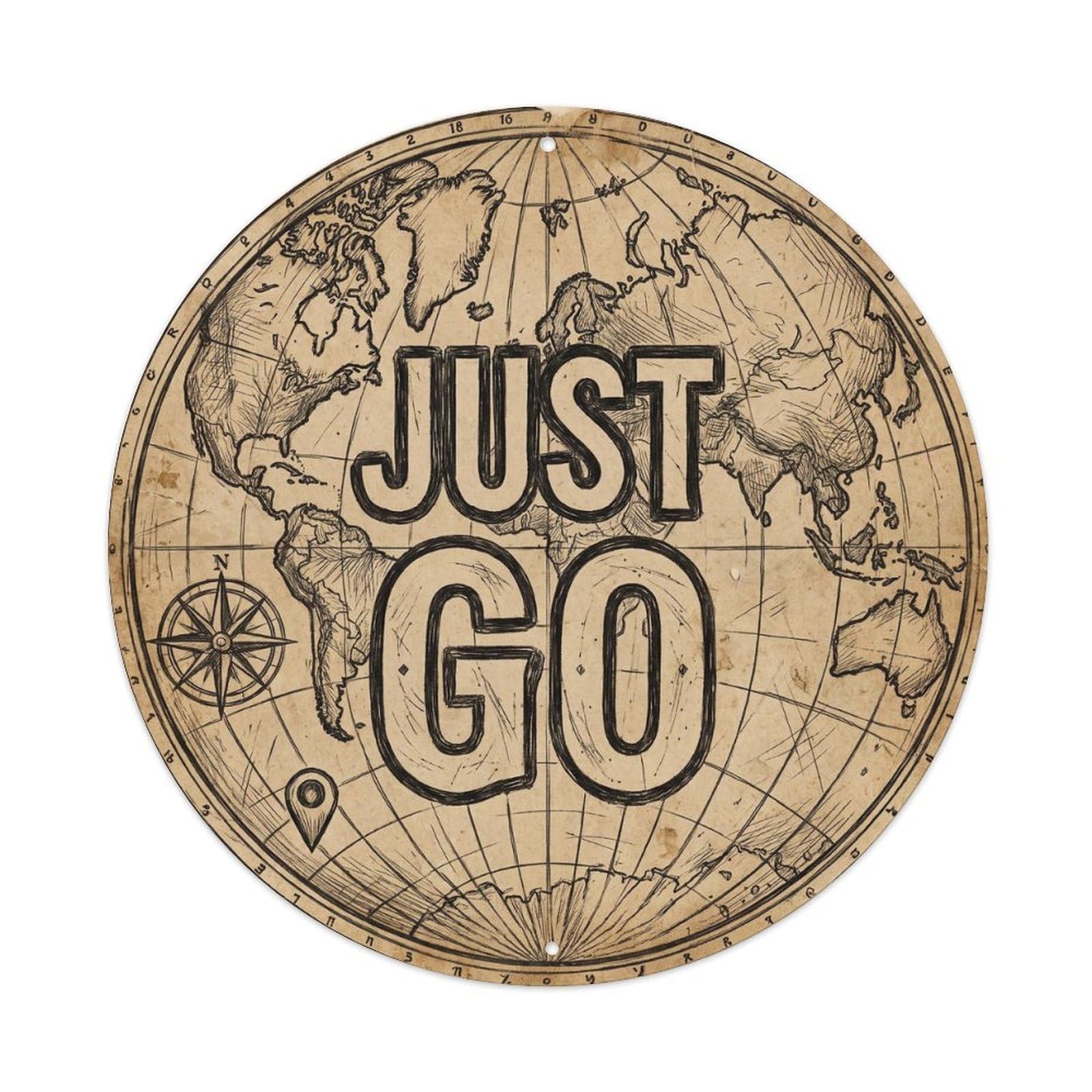 Vintage World Map with Compass Just Go Flow Metal Tin Sign