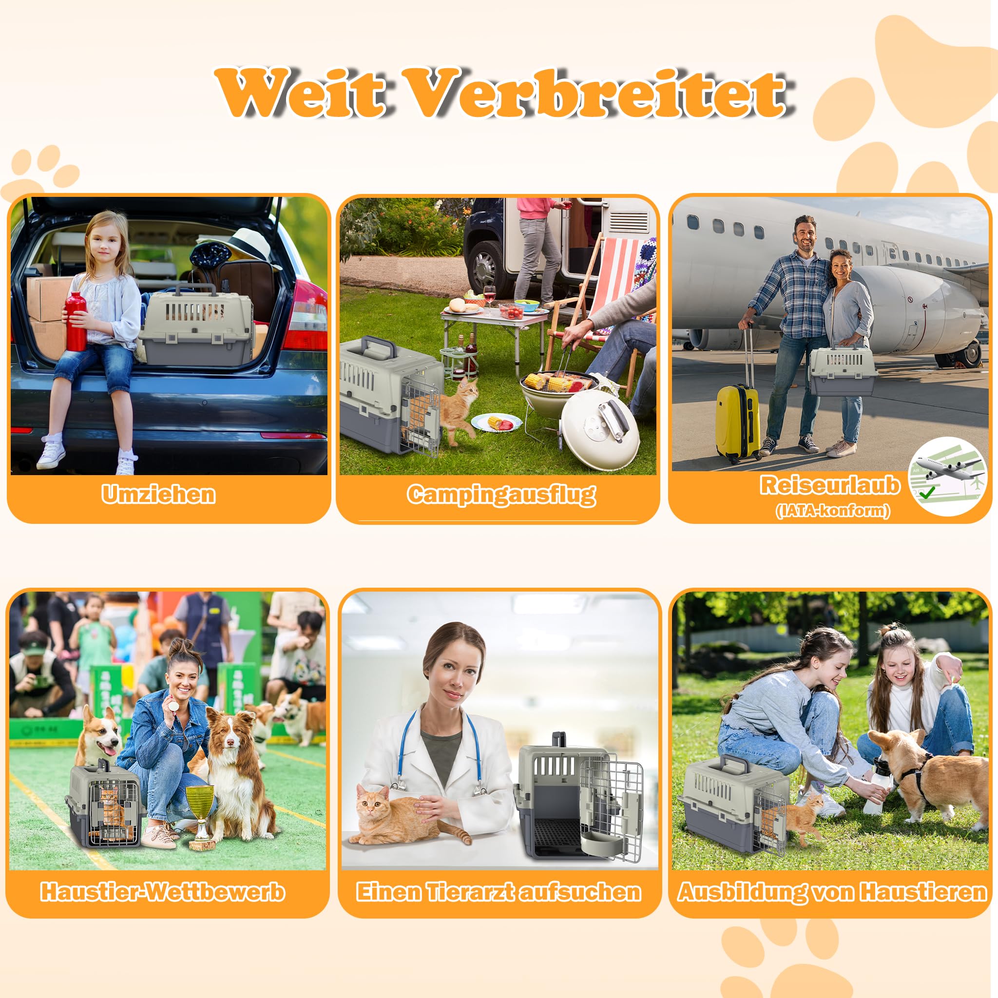 HENGMEI Transportbox Hundebox Hundetransportbox Kleine Hunde und Katzen Kaninchen Kunststoff Katzenkorb Tiertransportbox mit Tür Lüftungsschlitze Urinbarriere Schalen und Tragegriff, 60×39.5×44cm