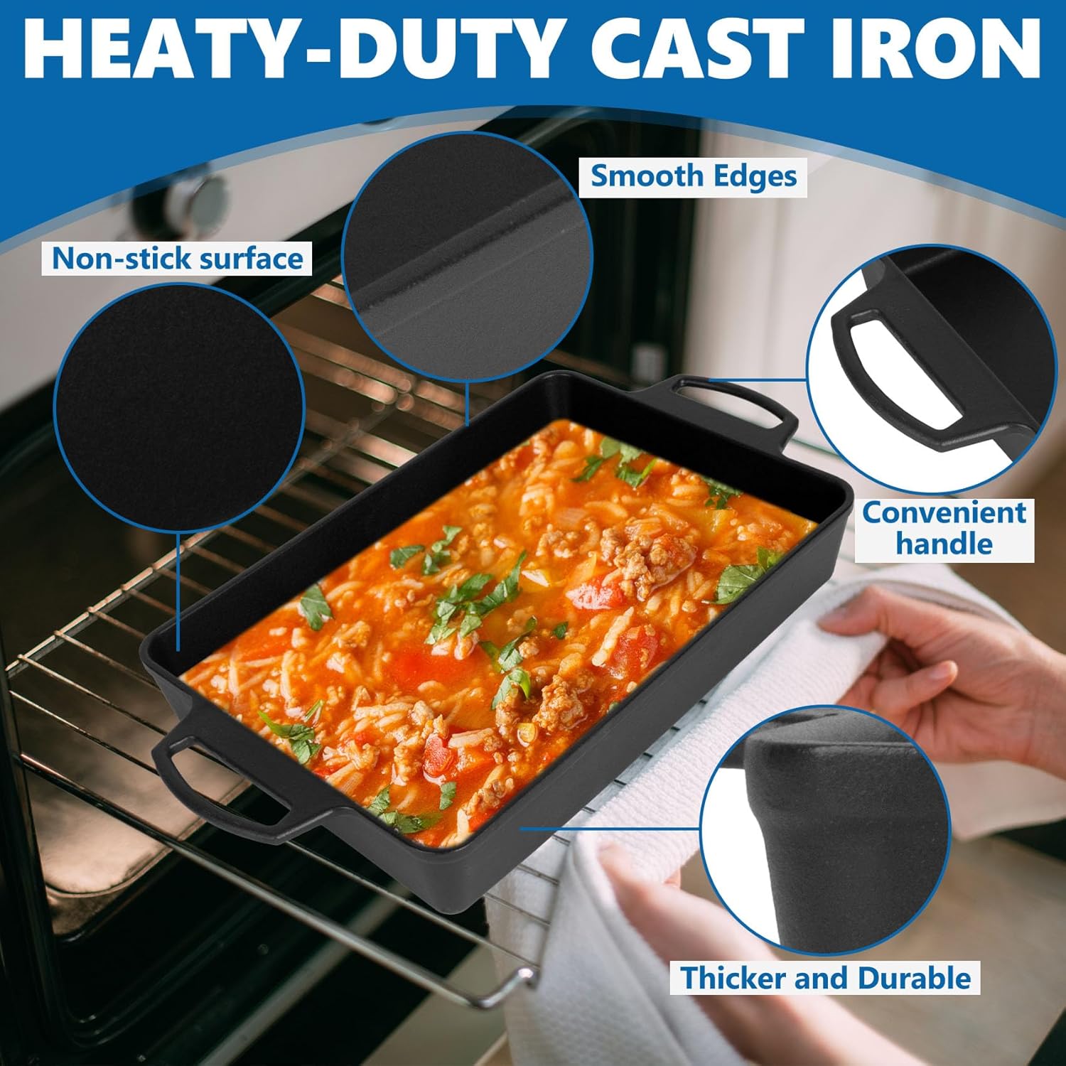 SafBbcue Cast Iron Loaf Pan 13" x 9" Square Bread Pan, Oven for Bread Baking, Suitable for Baking Corn Bread Cookies, Meat and Pizza, 2Pcs