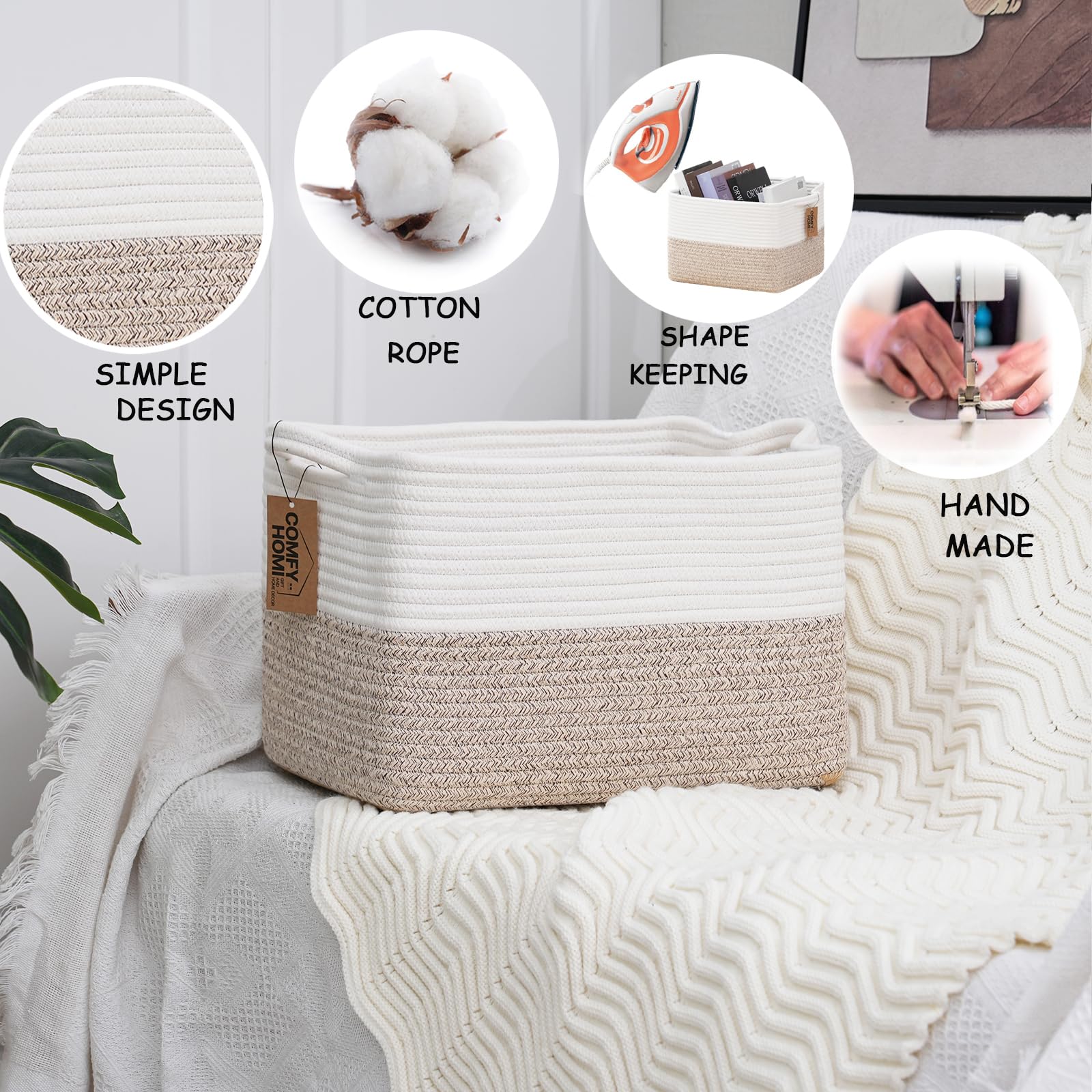 Set 3 Cestini Quadrati In Corda Di Cotone Con Manici: 34x28x24 Cm Per Organizzare Giocattoli E Riviste