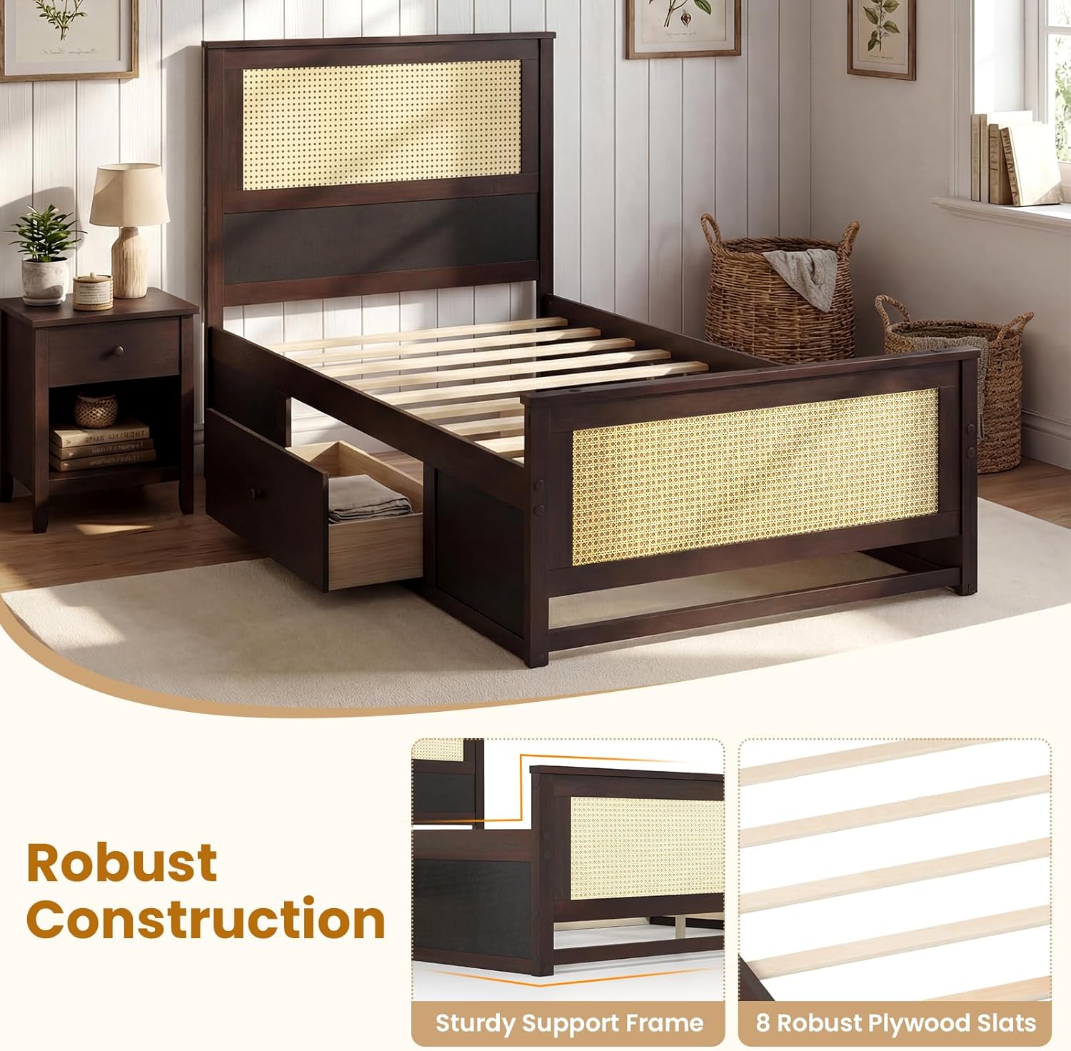 Giantex Rattan Bed Frame with 2 Storage Drawers, Twin Size Boho Platform Beds w/Headboard & Footboard, Wood Mattress Foundation, Twin Bed Frames for Kids Adults, No Box Spring Needed (Espresso, Twin)