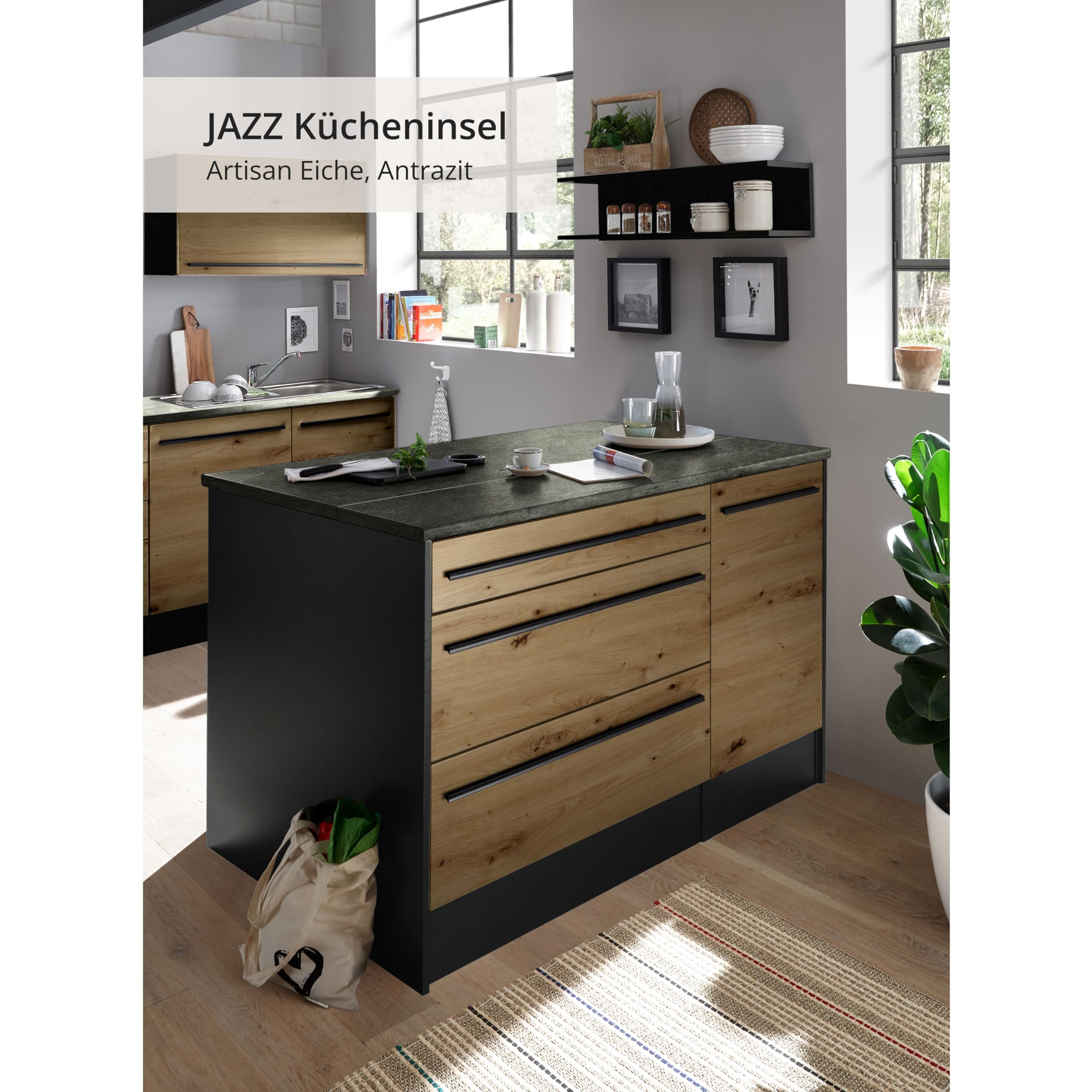 Stella Trading Jazz, Moderna con Piano di Lavoro, autoportante, Effetto, spaziosa Isola da Cucina con Molto Spazio, Legno ingegnerizzato, Antracite/Rovere Artisan, 145 x 90 x 90 cm