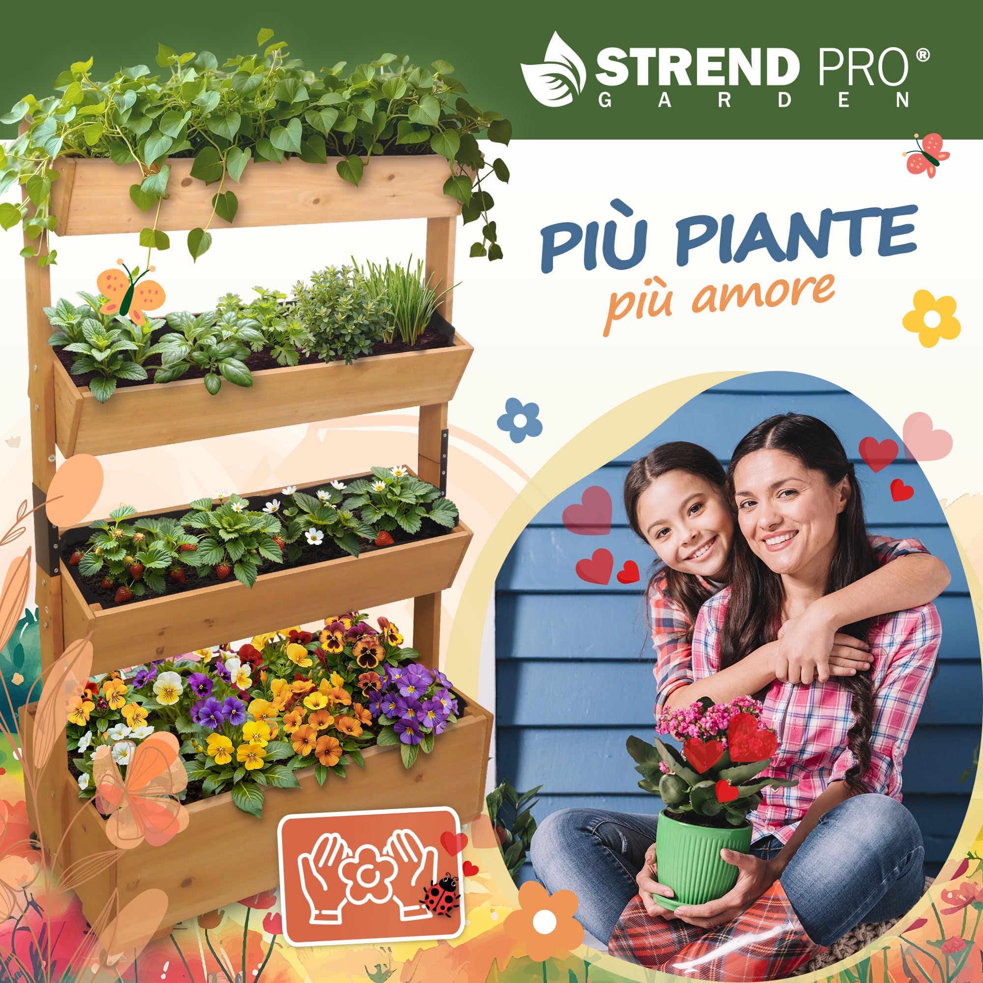 STREND PRO Balcone aiuola rialzata a 4 livelli LEGNO | 147x85x45 cm (AxLxP) | Aiuola verticale resistente alle intemperie Scala per piante da esterno | Aiuola per balcone per fiori, erbe aromatiche