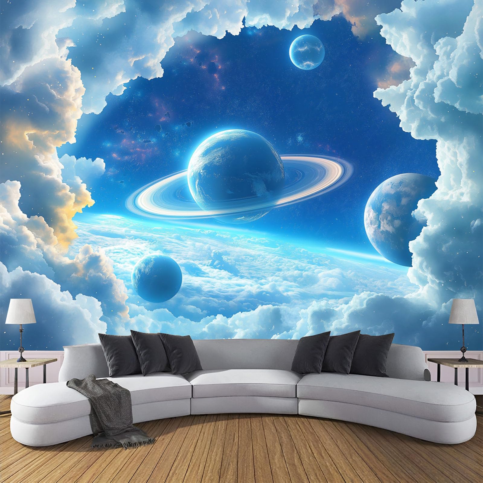 Papier peint univers fantasy bleu 350x256cm | Habillage mural soie salon et chambre