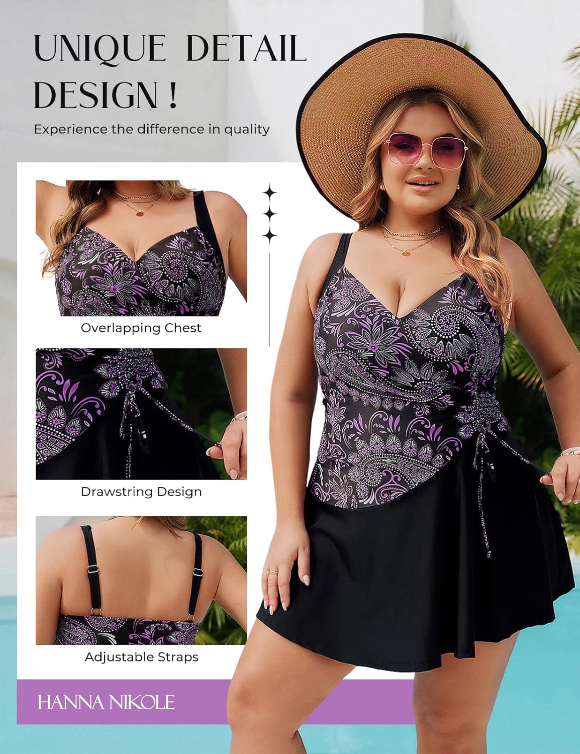 Hanna Nikole Womens Plus Size One Piece Swim Dress, Tummy Control Swimsuit, Ruched Bathing Suit Body Shaping Swimwear