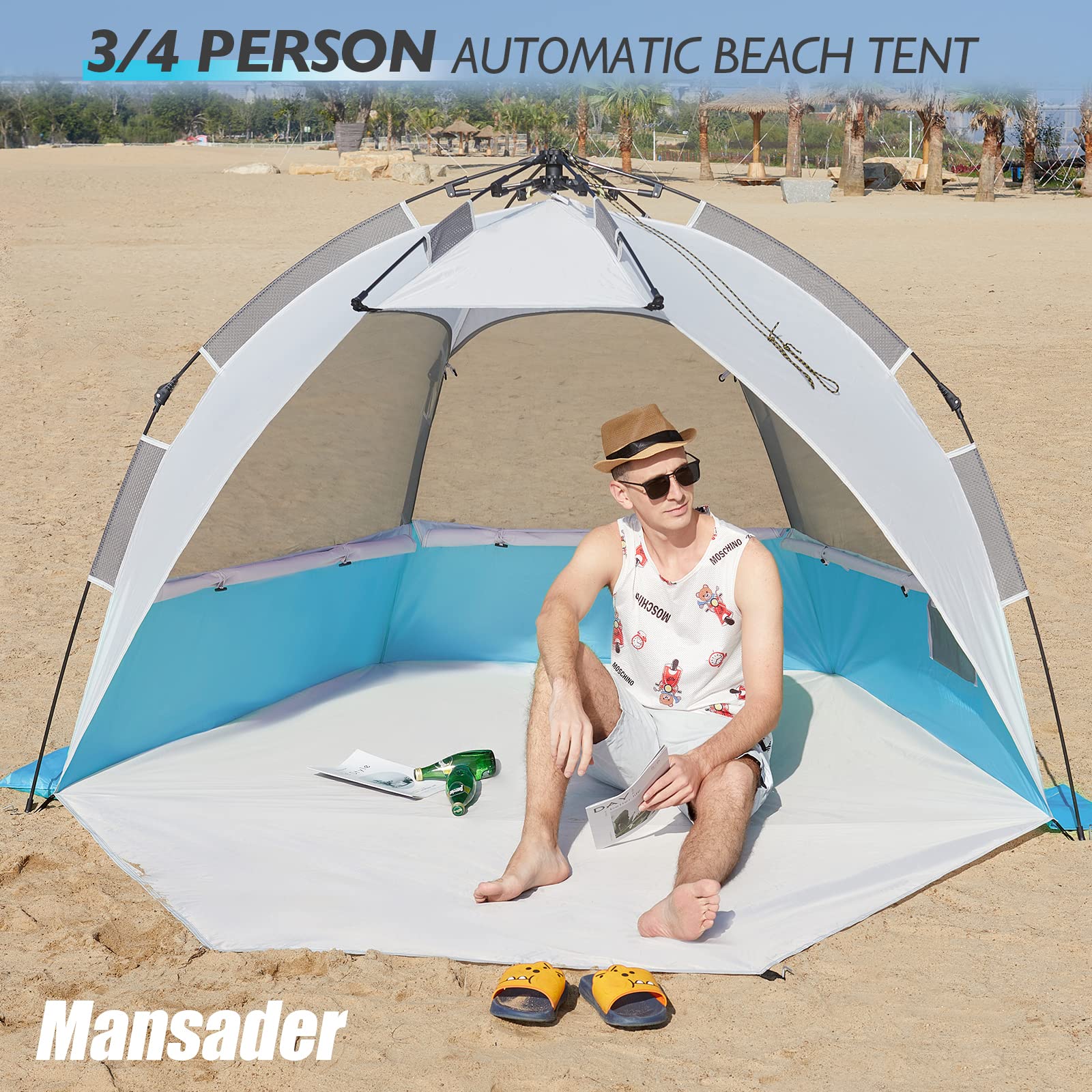 Mansader 6 Person Large Instant Pop Up Beach Tent, UV Protection Portable Easy Setup Sun Shade Shelter for Whole Family, Extended Floor & 3 Ventilating Mesh Windows for Outdoor Hiking (Light Blue)