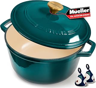 Mueller DuraCast 6 Quart Enameled Cast Iron Dutch Oven, Emerald - Oven Safe 500°F, All Cooktops & Induction Compatible