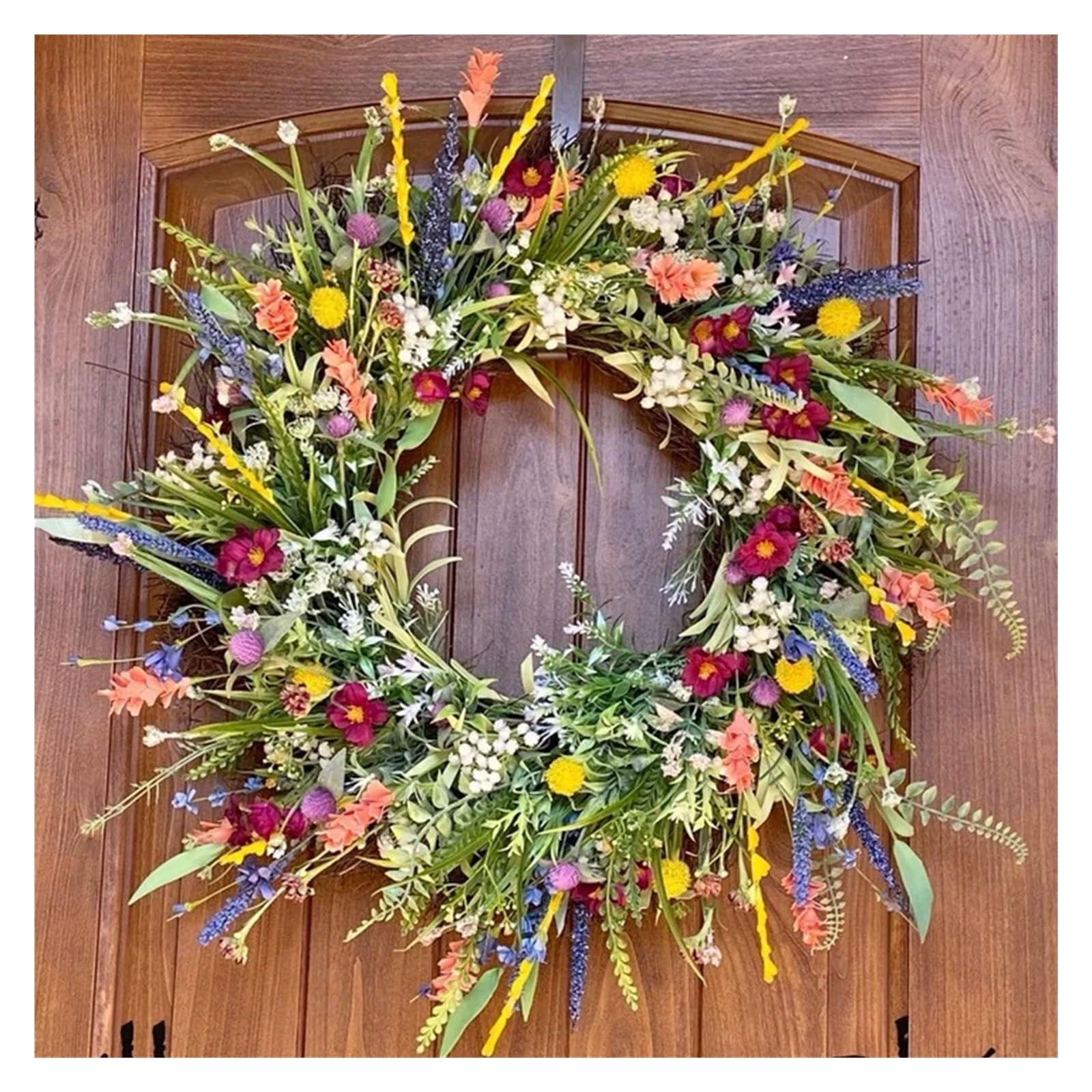Couronne pour Porte Couronne de Fleurs Sauvages, décoration extérieure Rustique, Suspension Murale Florale, Jardin, Porche, Couronne Mariage, Rose(45CM)