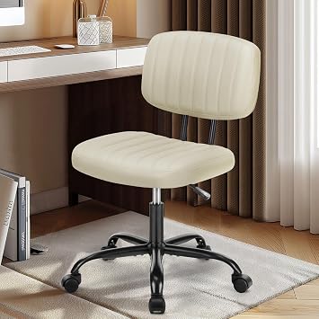 DUMOS Armless Home Office Chair Small Desk Chair with Low Back Lumbar Support, Height Adjustable PU Leather Computer Task with 360 Swivel Wheels, for Adults, Beige