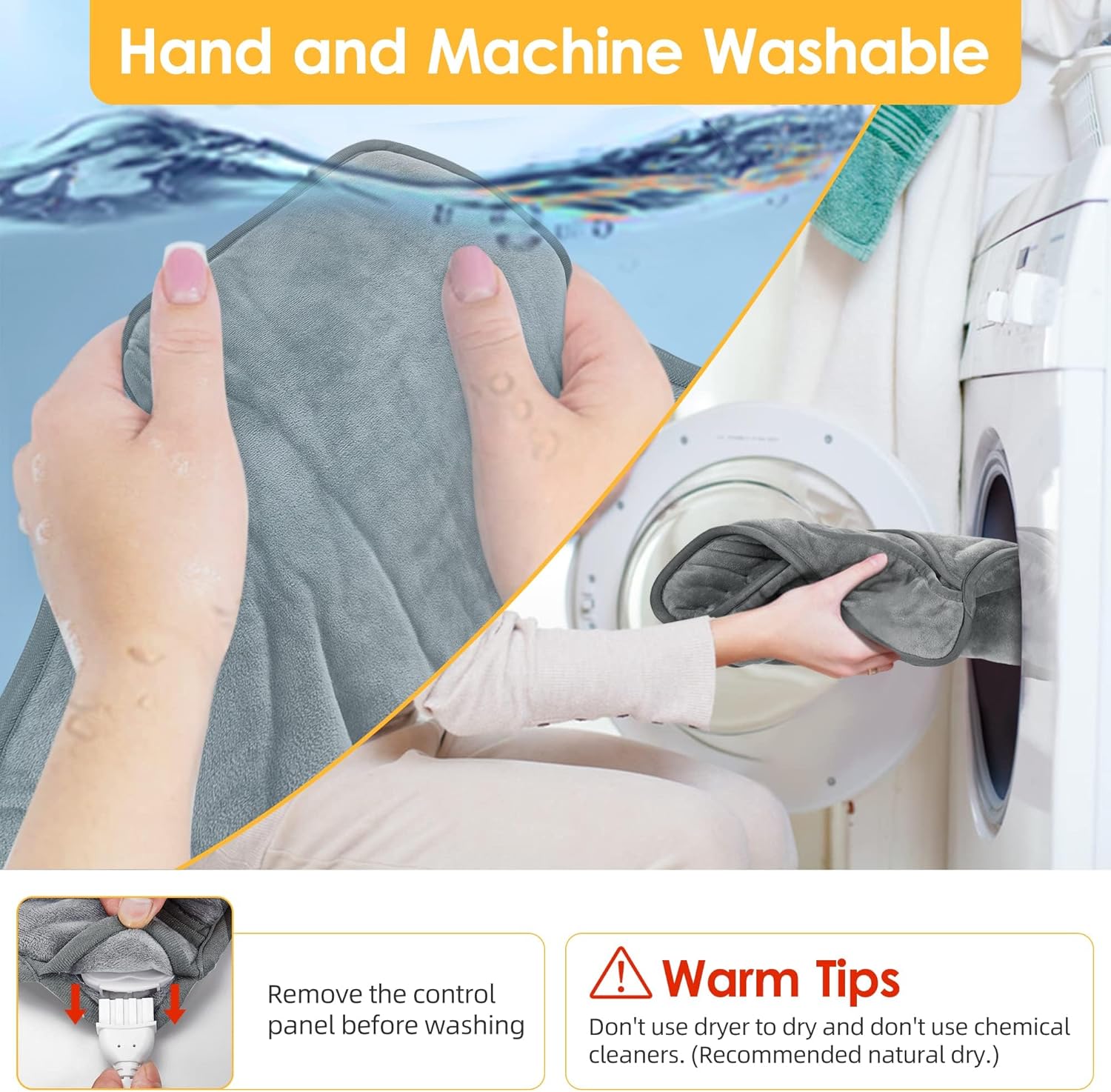 Images showing how to detach the controller and machine wash the KLADNDER heated foot warmer