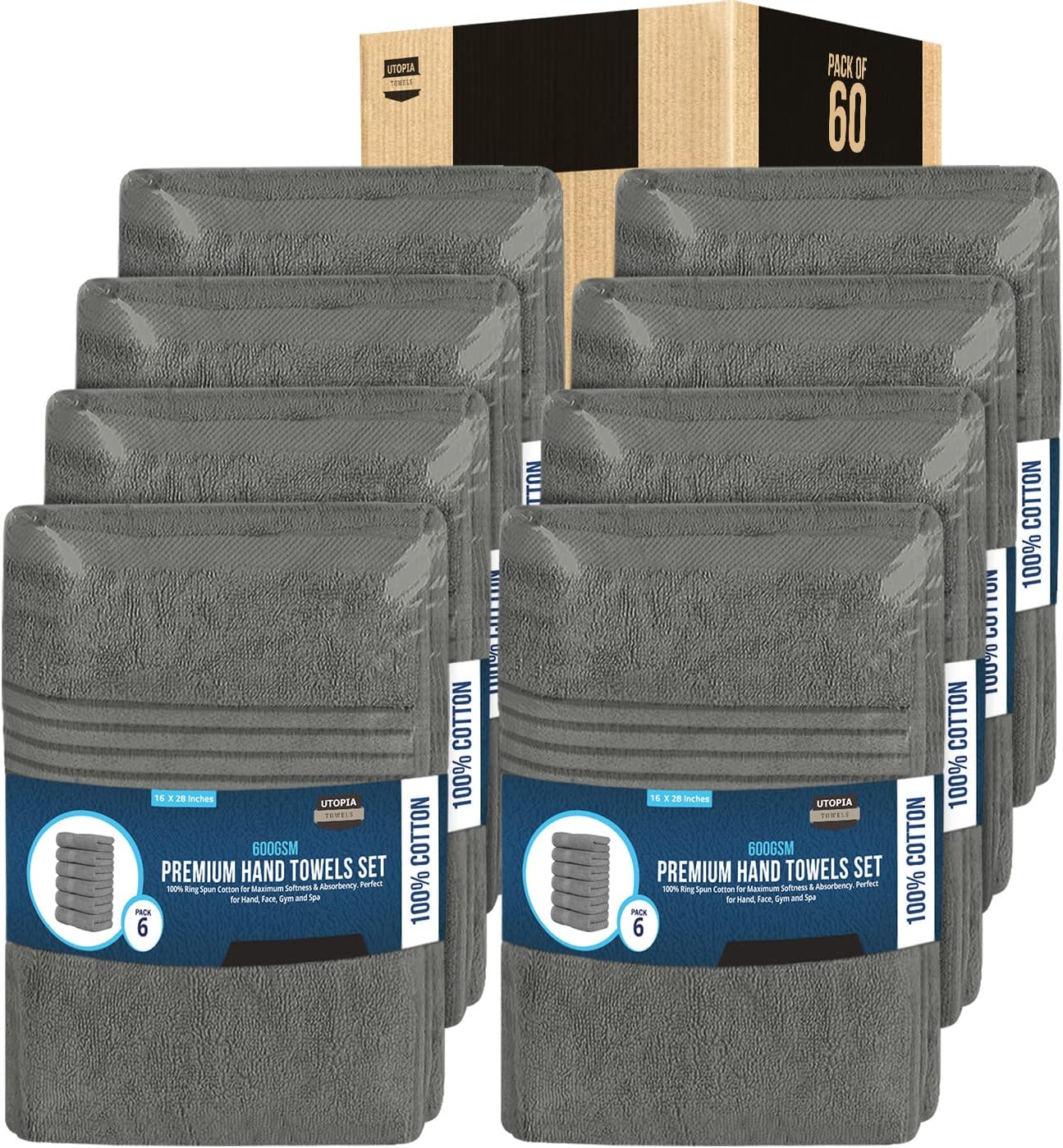 Utopia Towels Luxury Hand Towels Set, (16 x 28 inches) 100% Ring Spun Cotton, Lightweight and Highly Absorbent Towels for Bathroom, Travel, Camp, Hotel, and Spa (Grey) (60 Pack)