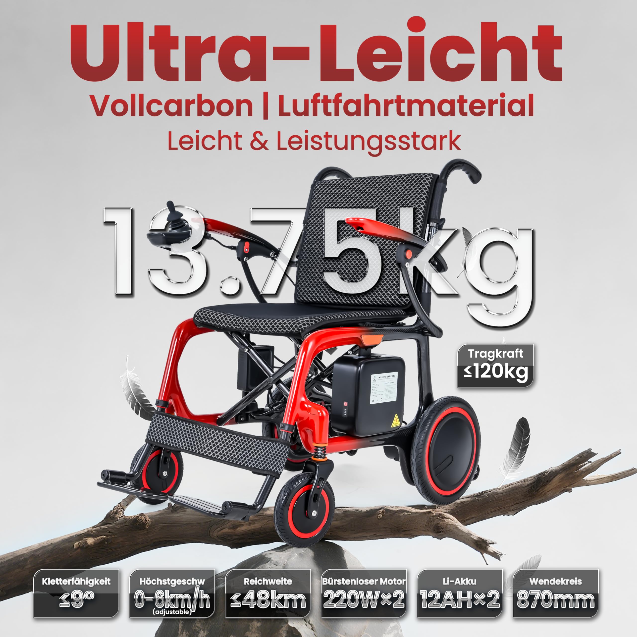 Silla de ruedas eléctrica plegable, solo pesa 13 kg, 2 pilas de 12 Ah, silla de ruedas eléctrica, 45 km de alcance, silla de ruedas de fibra de carbono de alta calidad, con cojín de asiento