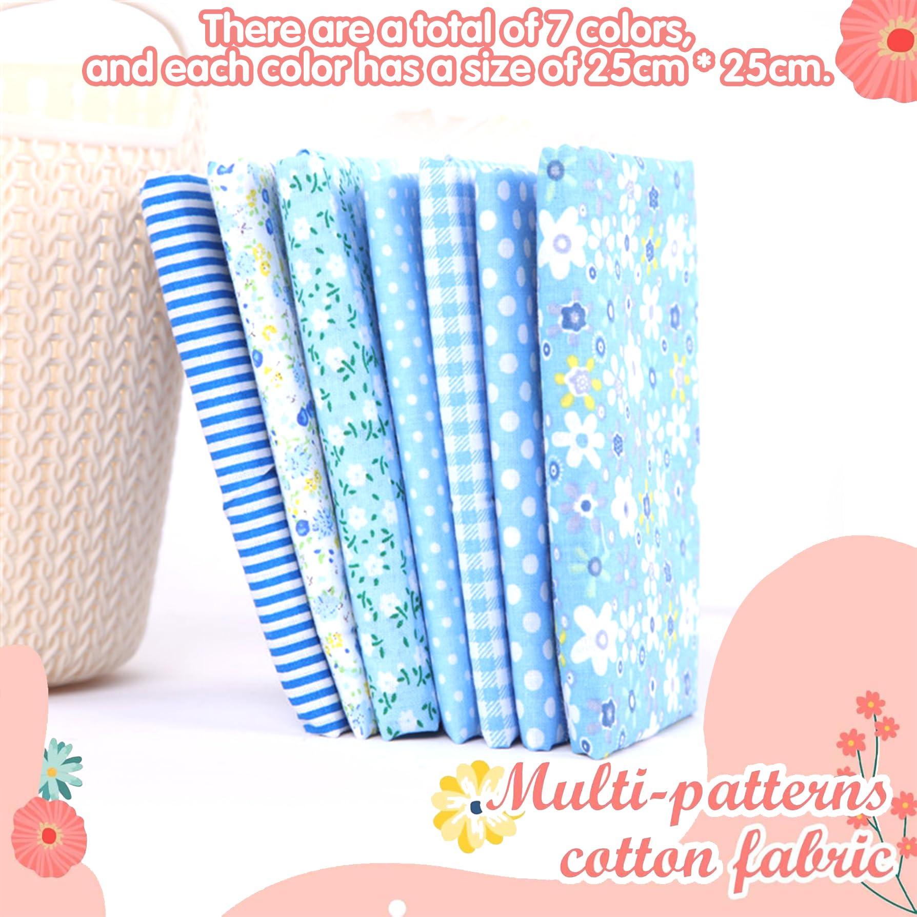 7 Pcs Blue Cotton Fabric Squares, 9.8 x 9.8 Inch (25 x 25 cm), Precut Quilting Fabric Bundles for Patchwork, Floral Craft Fabric for DIY Sewing, Scrapbooking, Dolls and Pillowcases - 3