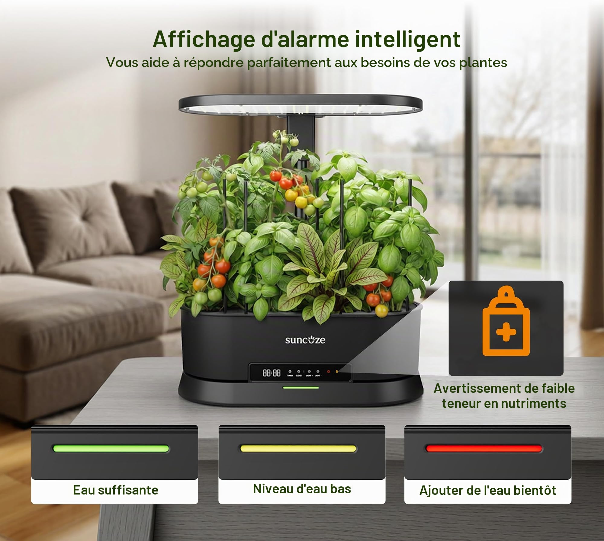 PEGZONE SUNCOZE Potager Hydroponique Amovible avec 12 Paniers, Noir | Jardin d'Intérieur avec Lampe LED 36W, Réservoir 5L, Hauteur Réglable jusqu'à 550 mm, Kit Hydroponique avec Minuterie