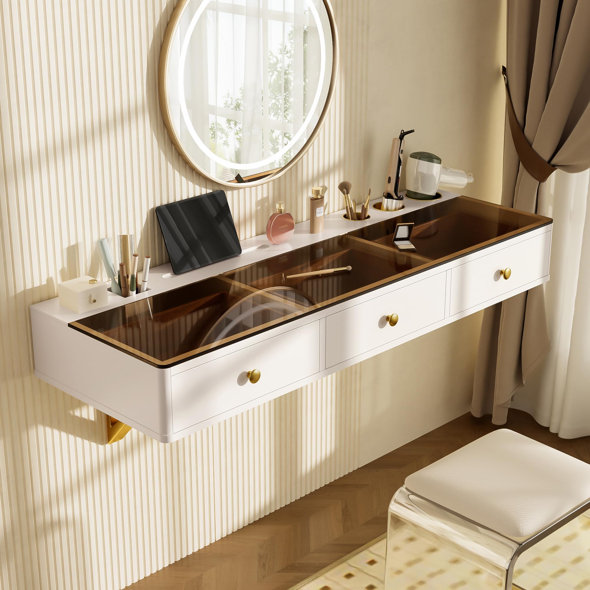 JIVOIT Multi-Purpose Wall-Mounted Vanity Table, 47" Floating Shelf with Three Drawers, Electronic Equipment Holder, Mounted Desk, Floating Table for Bedroom, Bathroom, Hairdressers