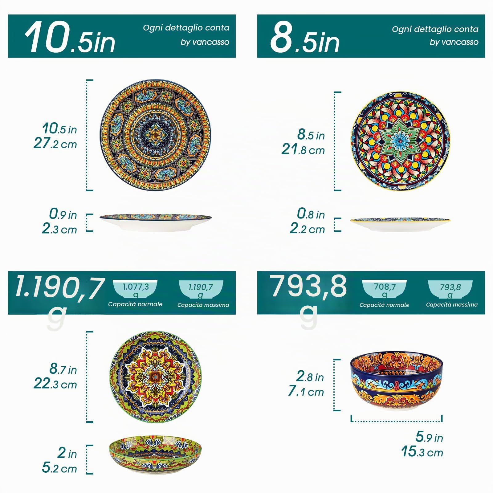 Servizio di Piatti per 6 Persone in Ceramica, vancasso KRVI 24 Pezzi Set di Porcellana Moderna, Servizio da Tavola Stile Bohémien, Set Piatti e Ciotole, Servizio Combinato Colorato