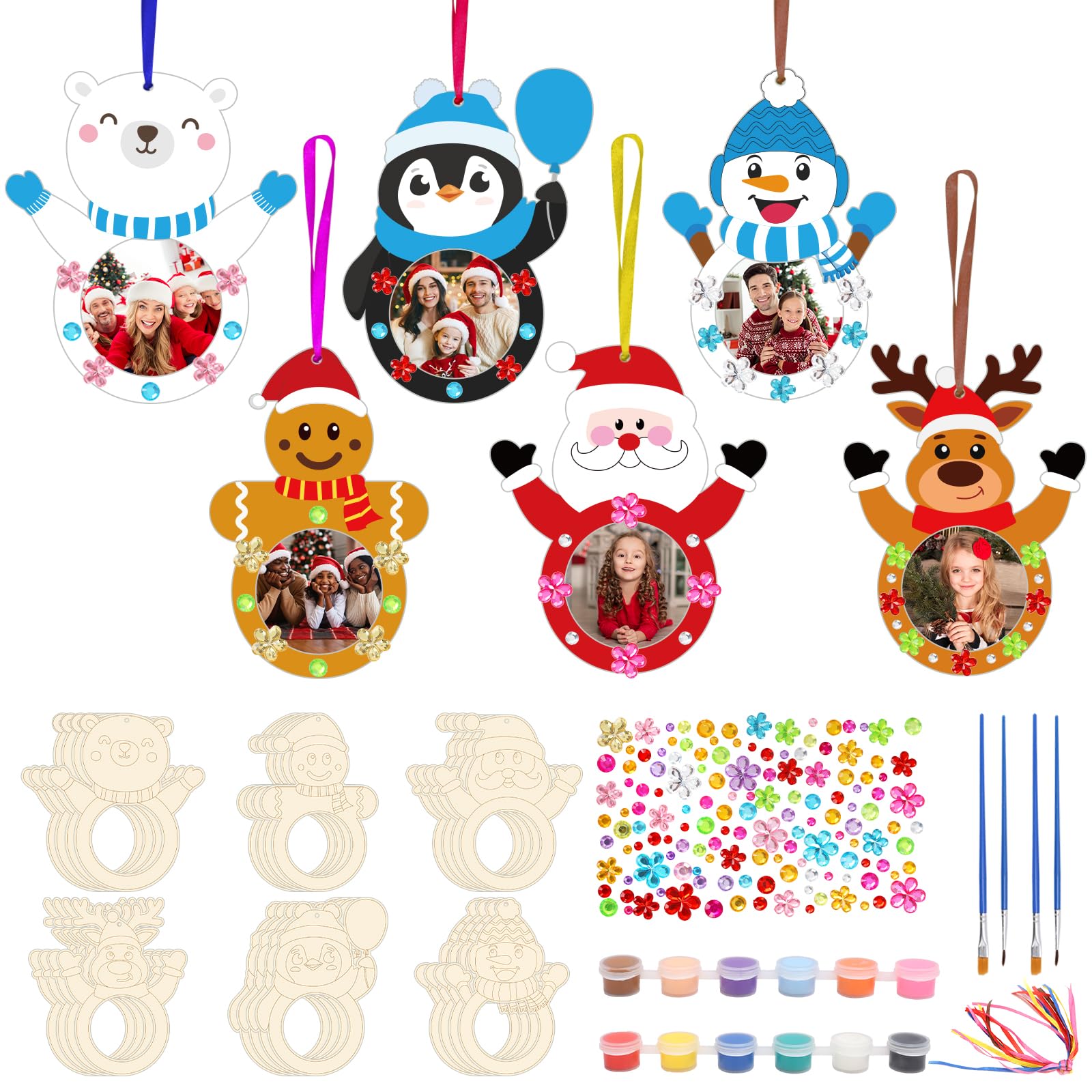 RGISHOP 24 Pack Christmas Crafts for Kids Wooden Christmas Ornaments Gingerbread Santa Snowman Reindeer Unfinished Wood Picture Frame for Boys Girls Classroom Christmas Activities