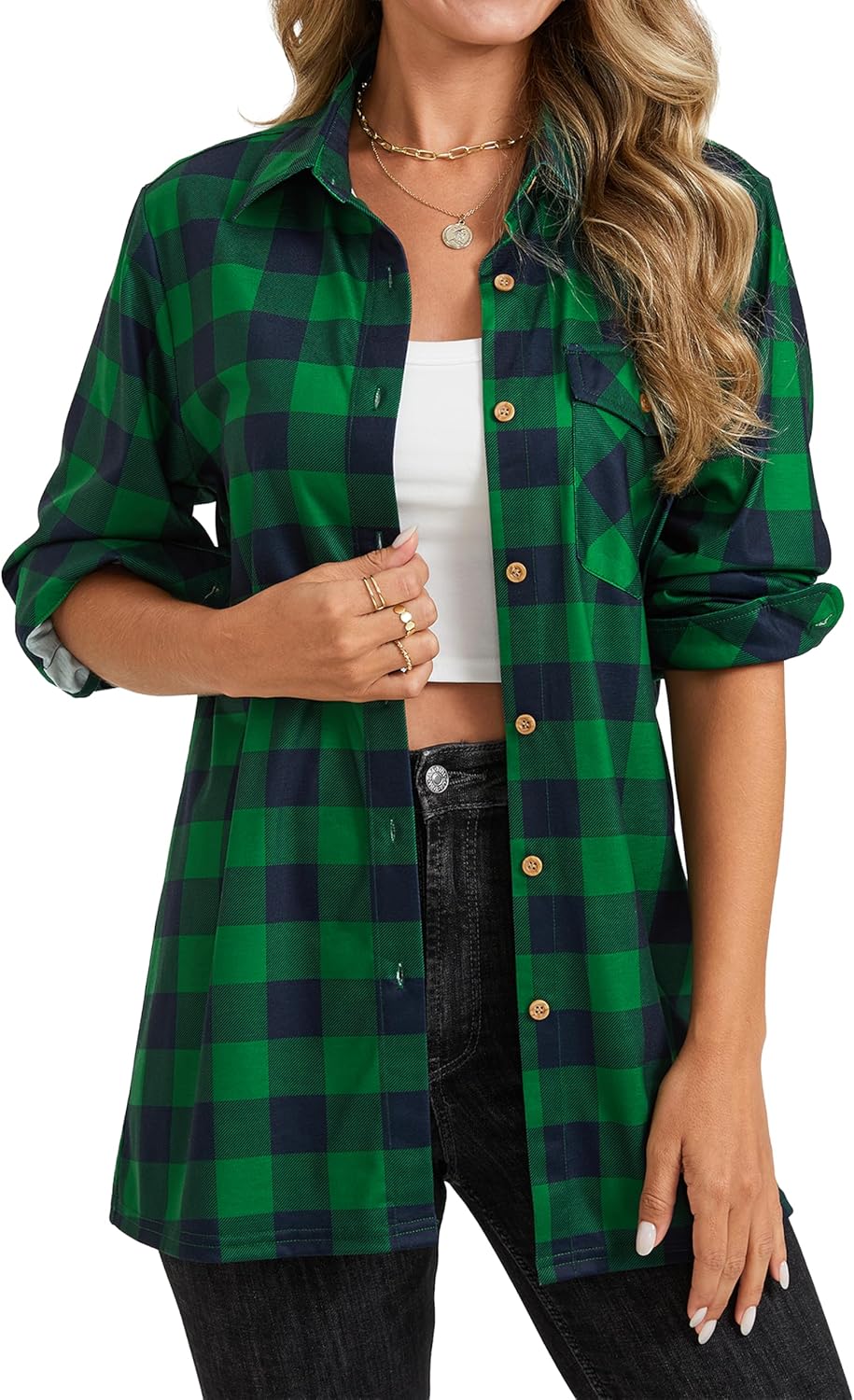 ENMAIN Plaid Shirts for Women Fall Button Down Long Sleeve Shirt Casual Loose Fit Checkered Blouses