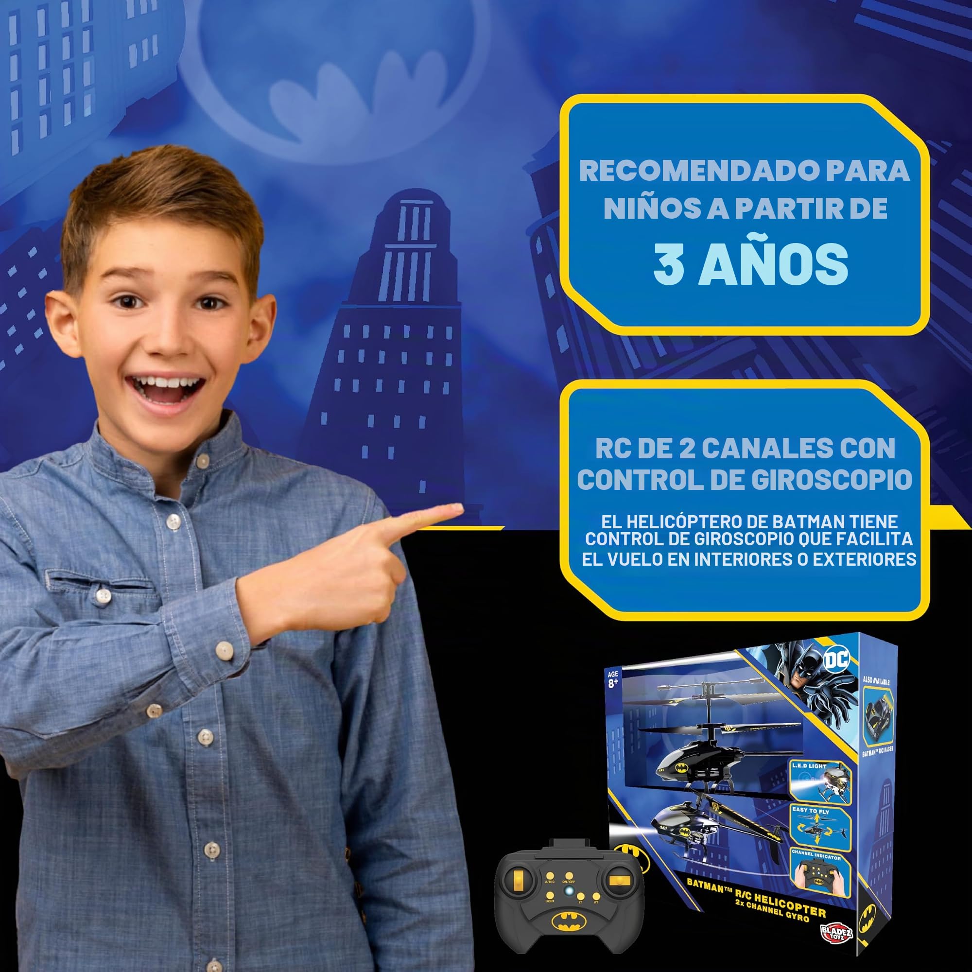 BLADEZ Batman R/C Helicóptero 2 canales Gyro Batman Helicóptero, DC Comics, RC 2 canales con control giroscopio, fácil de volar con luces, a prueba de golpes, juguete con licencia para niños, Toyz