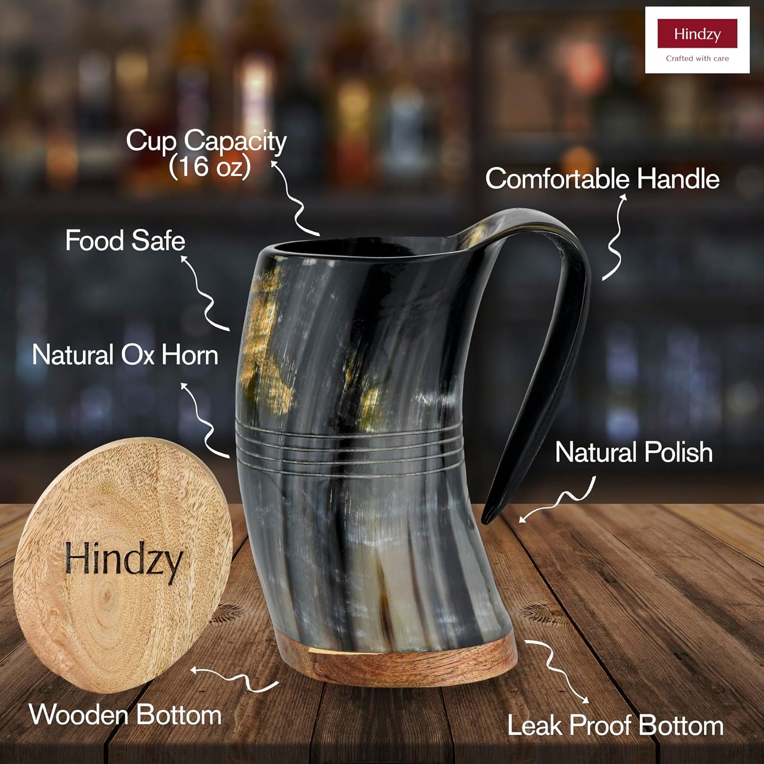 Viking Drinking Horn |16oz | Horn with Authentic Shot Glass & Bottle Opener | Handcrafted Mug| Leak-Proof with Wooden Base | Hot & Cold Drink Safe | Unique Gift for Men & Women