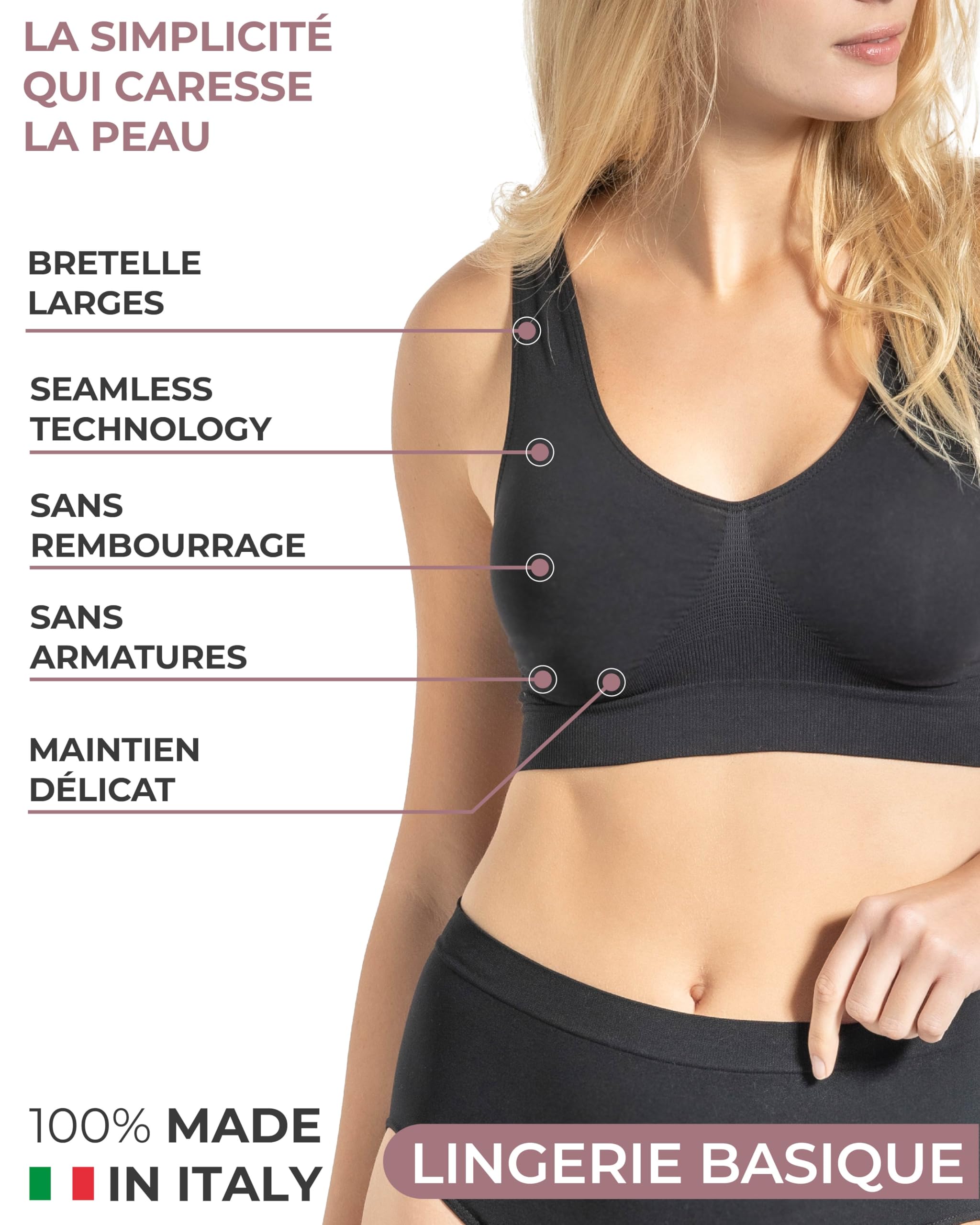 Risalti Soutien Gorge sans Armature Épaules Large 3 Pcs - Brassiere Femme sans Armature en Microfibre, Élastique et Confortable Seamless Bra, Top Lingerie - Made in Italy