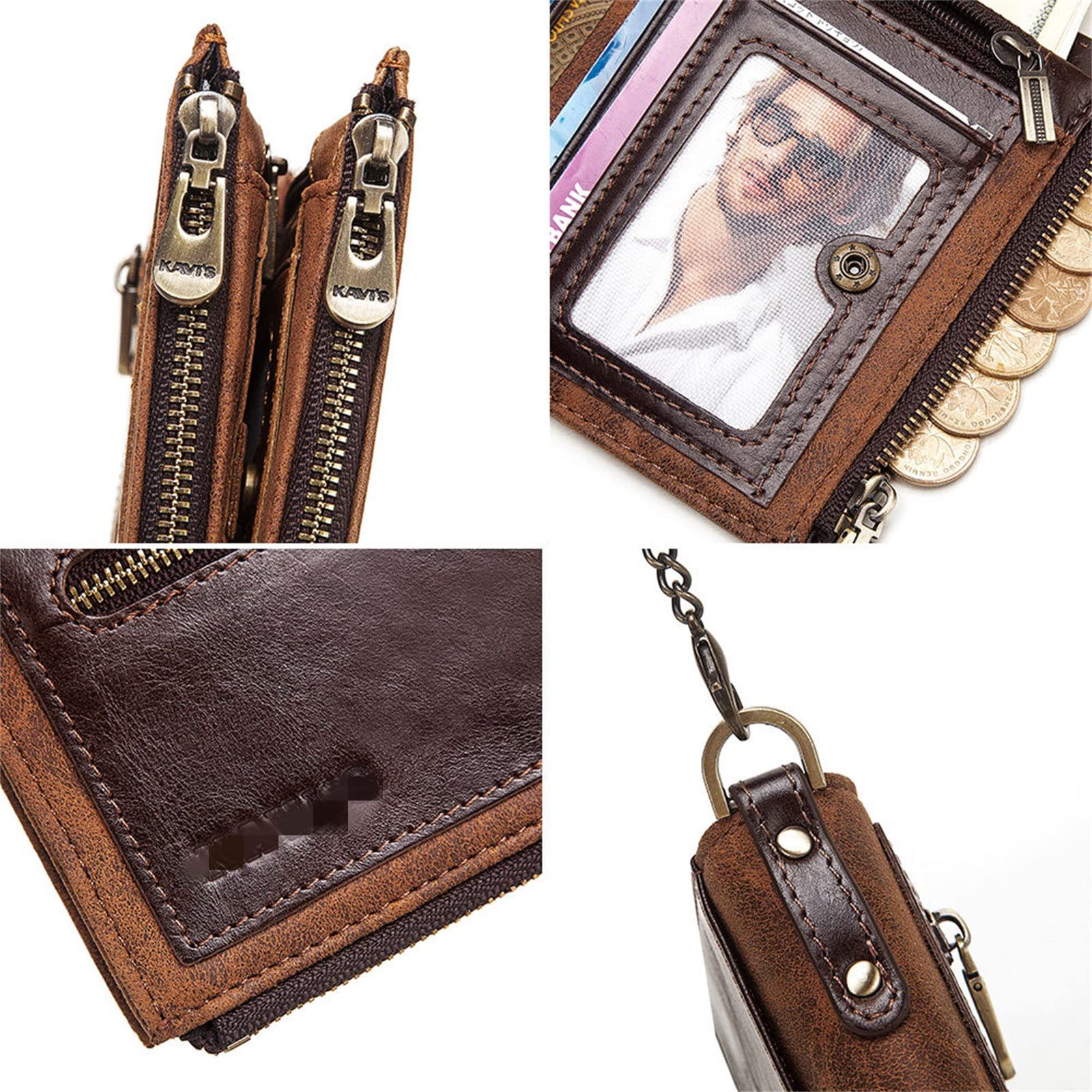 Cartera Cadena Piel Cartera for Hombre de Cuero con Cepillo antirrobo Cremallera para Hombres(marrón)