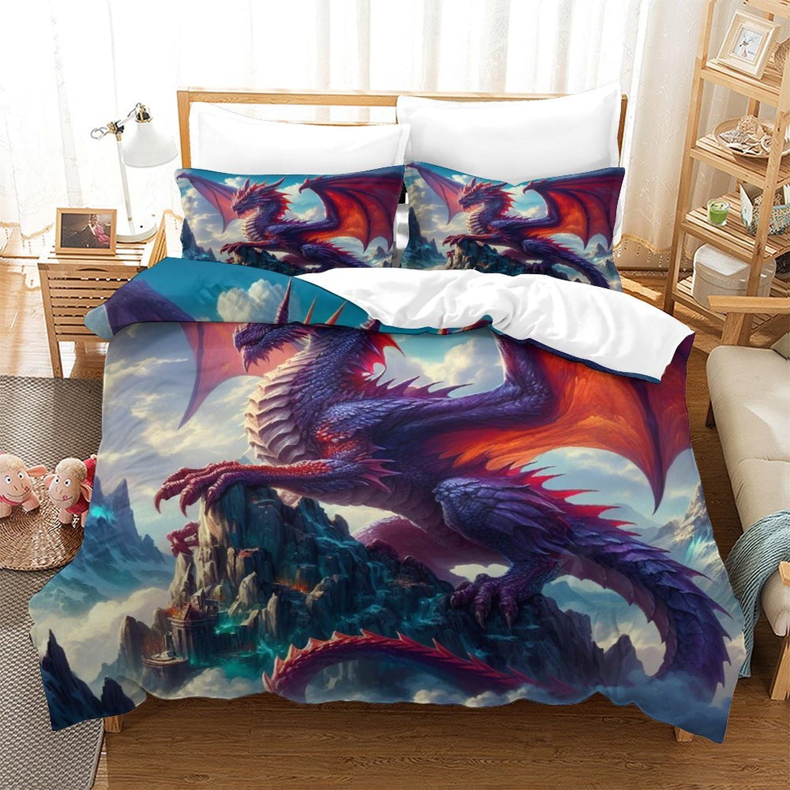 TNFHSOFT Flying Dragon Bedding Set Duvet Cover Soft Microfiber Pillowcase Quilt Cover with 3DPrinted With Zipper Closure ， Design for Kids Teenagers Adult Single（140x200cm）