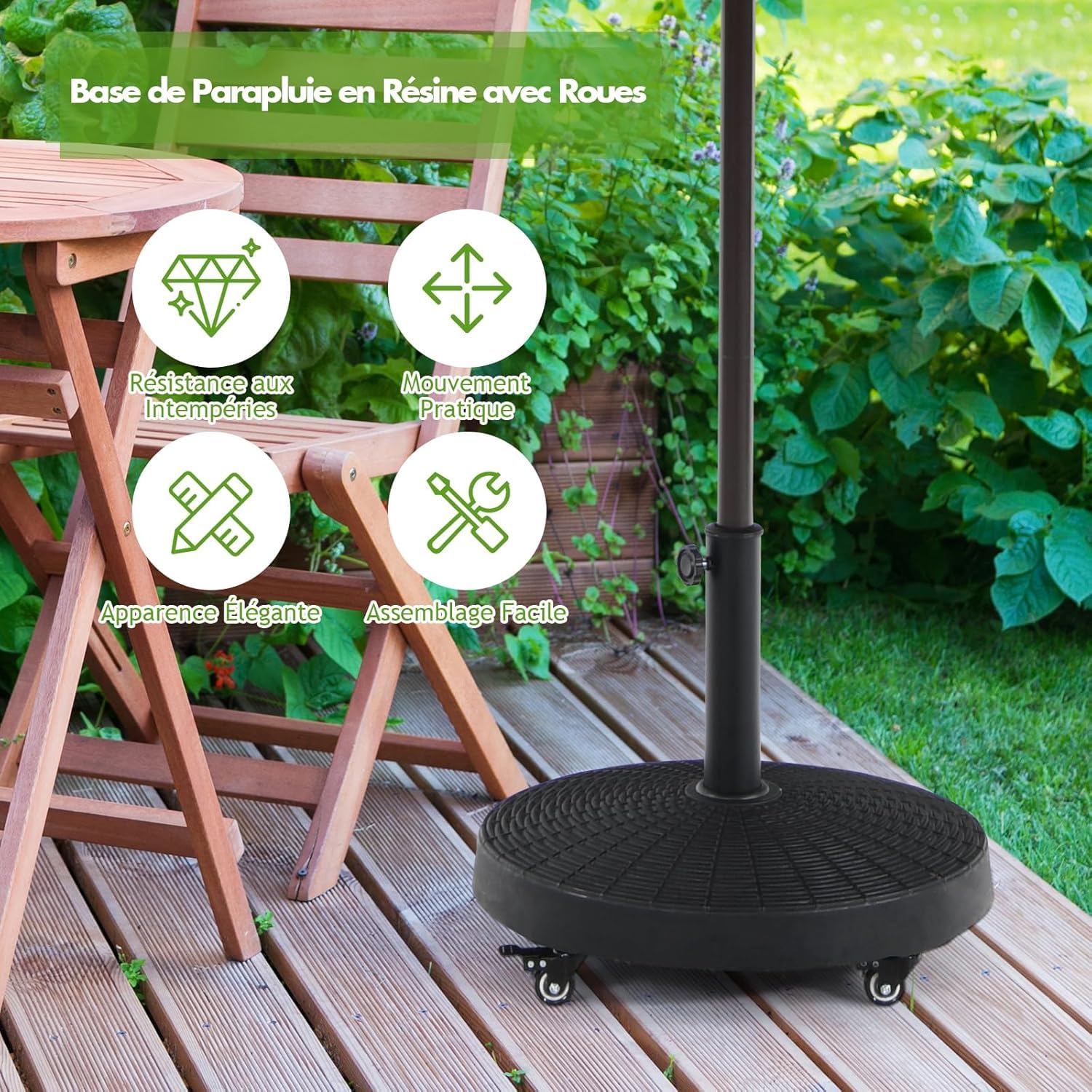 GOPLUS Pied de Parasol avec roulettes Flexibles en Résine, Support de Parasol Mobile Extérieur, Convient pour Poteaux de Parasol de Φ 38/48 MM,pour Jardin, Terrasse, Plage
