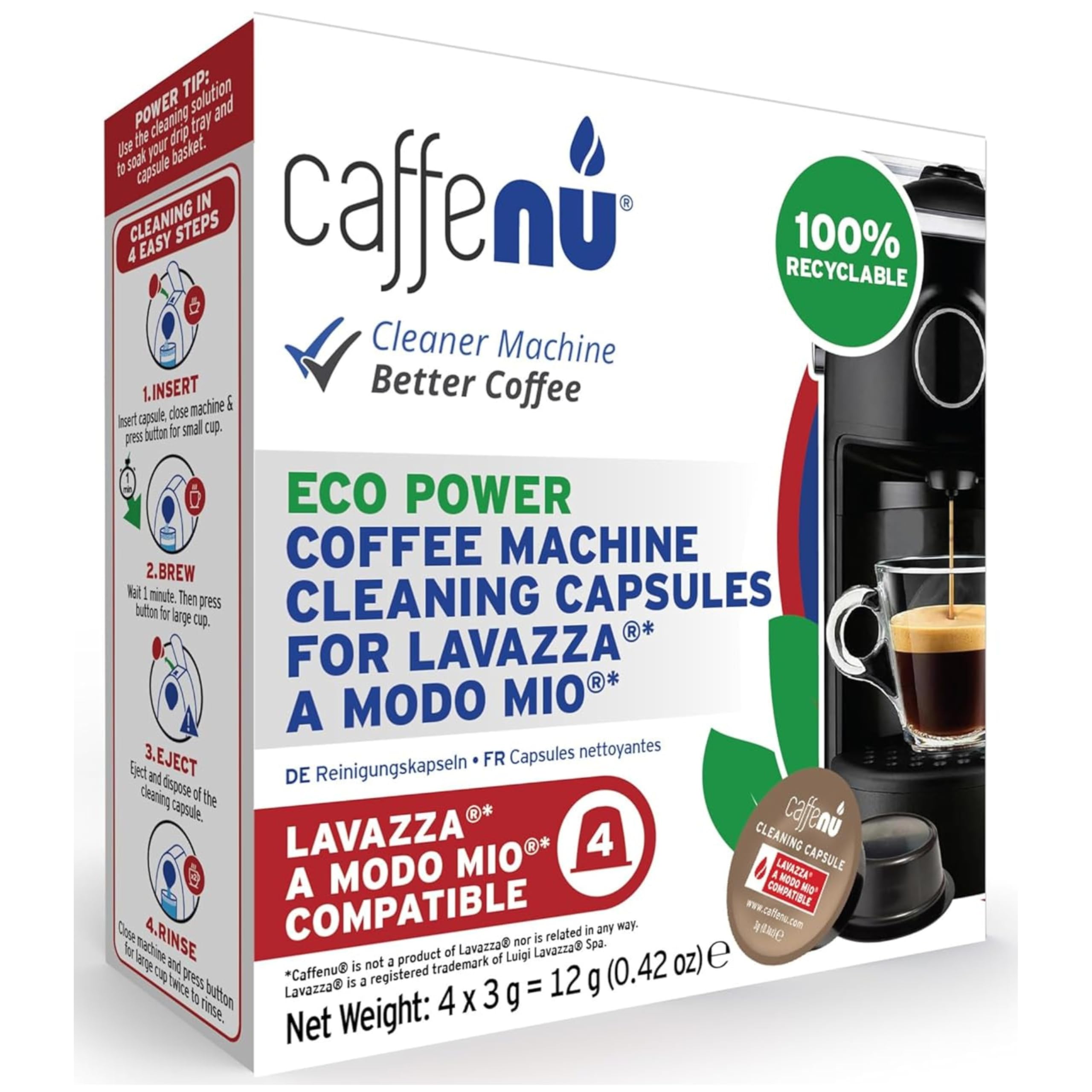Caffenu Cleaning Capsules Compatible with Lavazza a Modo Mio 4 Compatible Lavazza Cleaning Pods. Coffee Machine Cleaner For Crisp Coffee. Cleans inaccessible areas such as nozzle and spout.